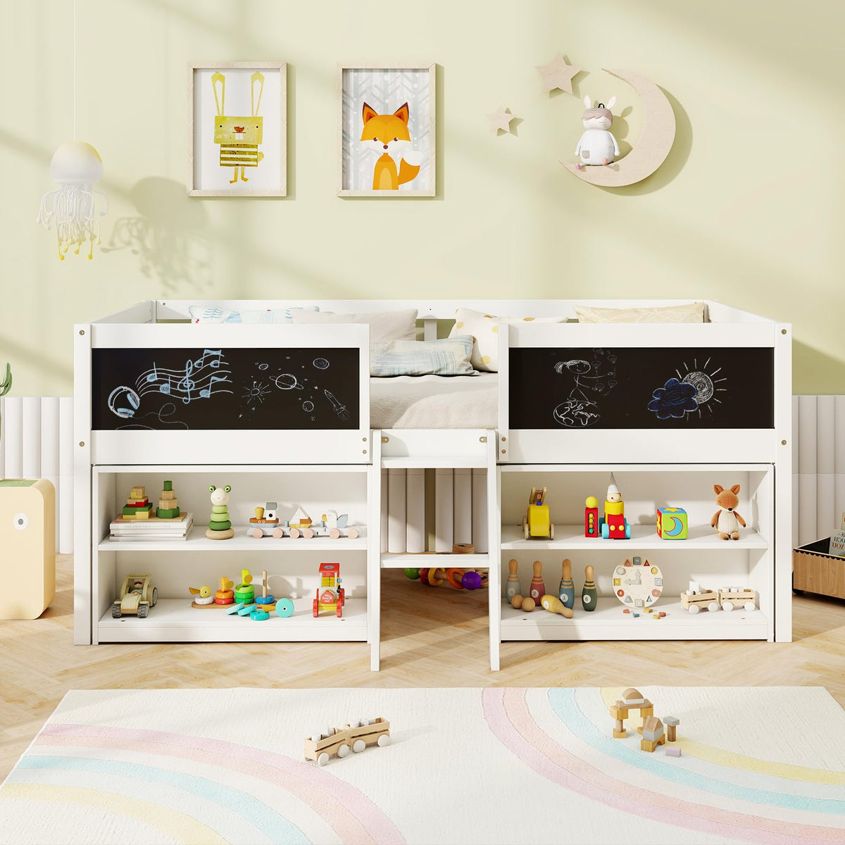 KOMFOTT Twin Size Low Loft Bed with Movable Storage Shelves, Chalkboard & Ladder
