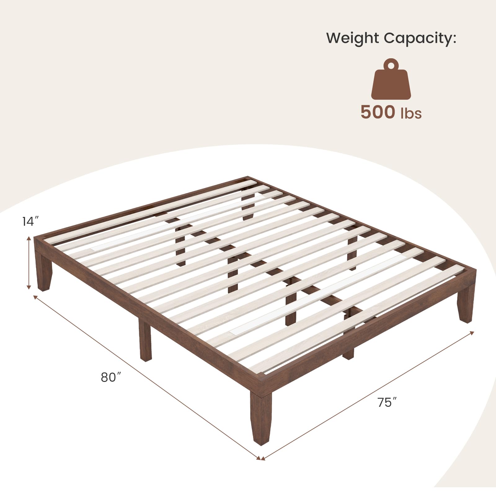 KOMFOTT Wood Platform Bed Frame, Solid Wood Mattress Foundation with Rubber Wood Frame