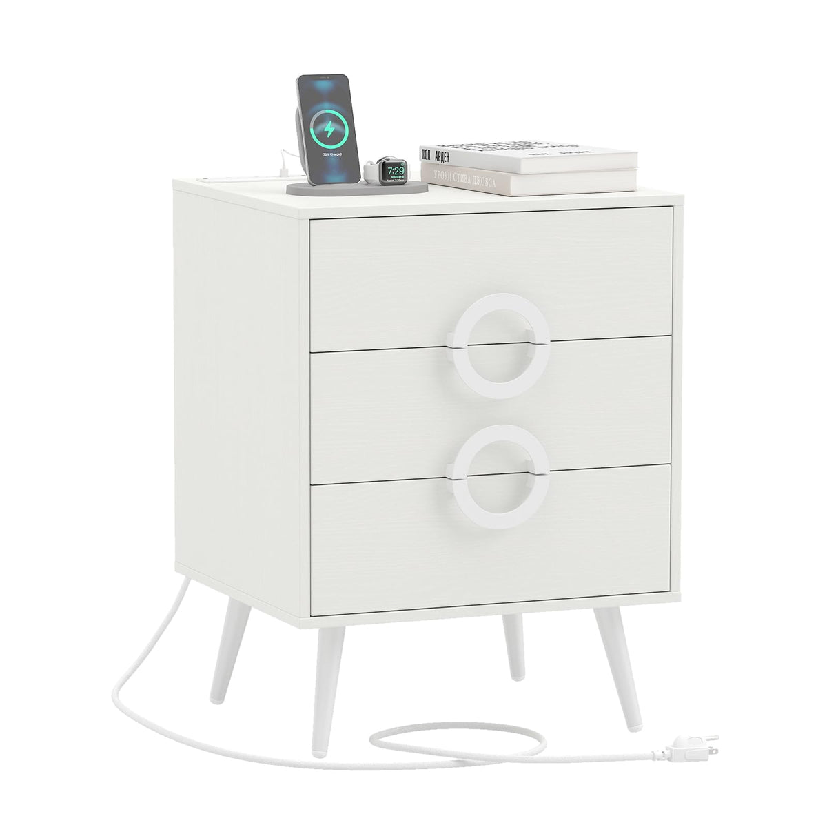 KOMFOTT Nightstand with 3 Drawers Bedside Table w/ Charging Station(18" x 16" x 23.5")