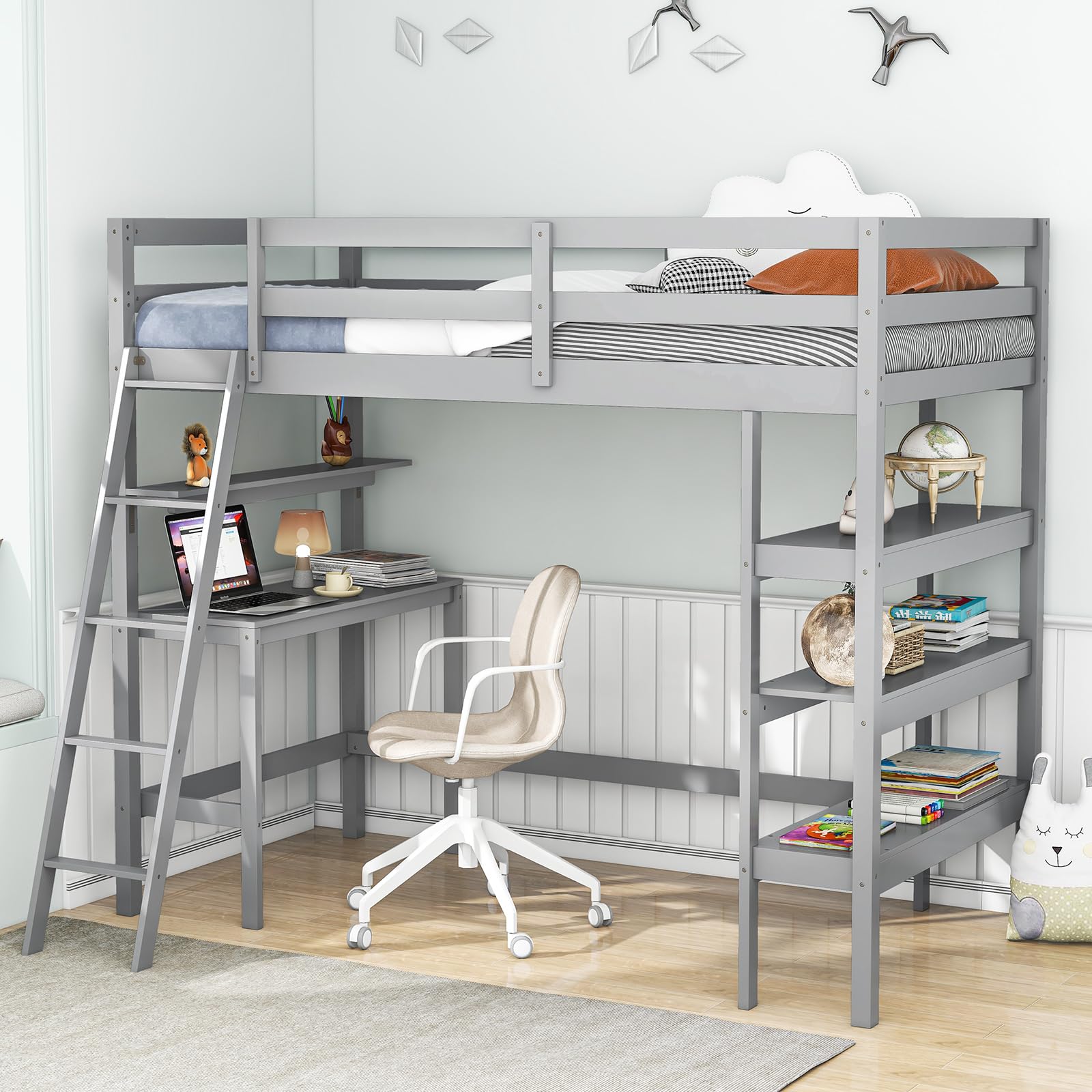 KOMFOTT Loft Bed with Desk & Storage Shelves