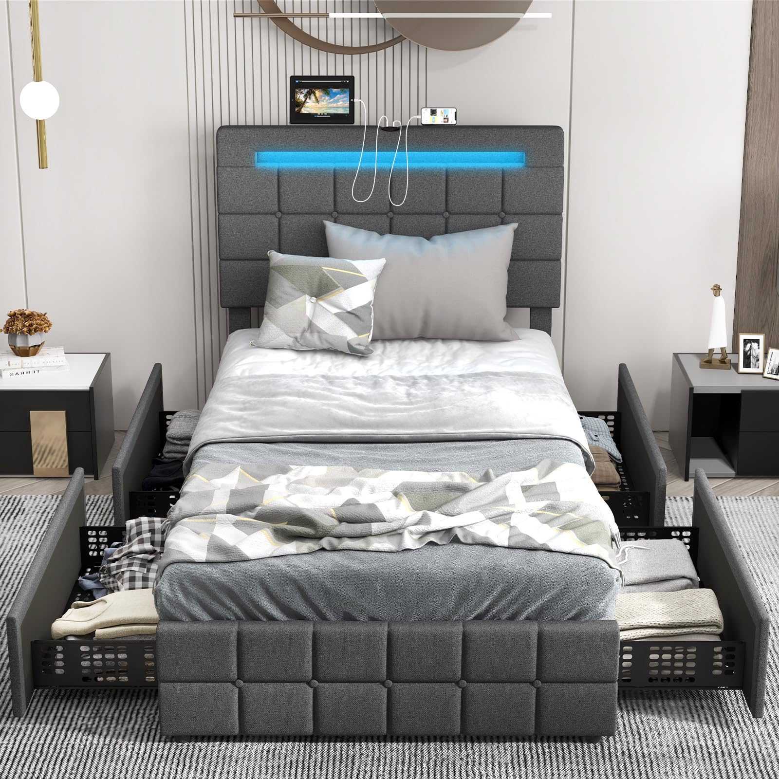KOMFOTT Upholstered Bed Frame with LED Lights and 4 Drawers, Height Adjustable Headboard with USB Ports