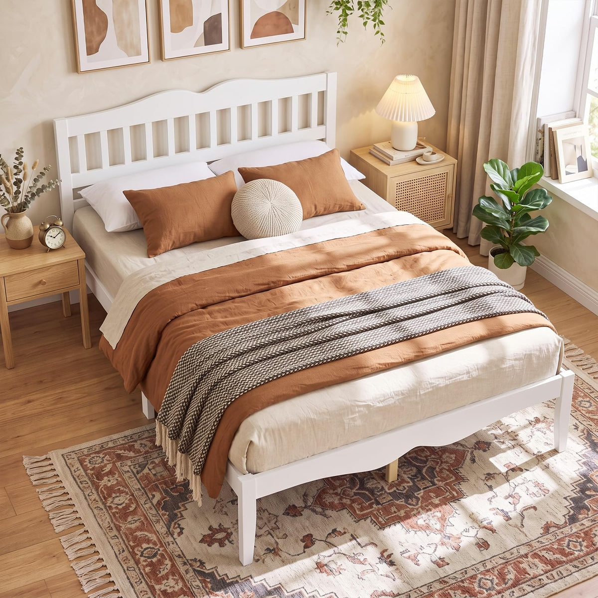 KOMFOTT Full/Queen Size Bed Frame Farmhouse Wooden Bed with Slatted Headboard(Curved Slatted Headboard)