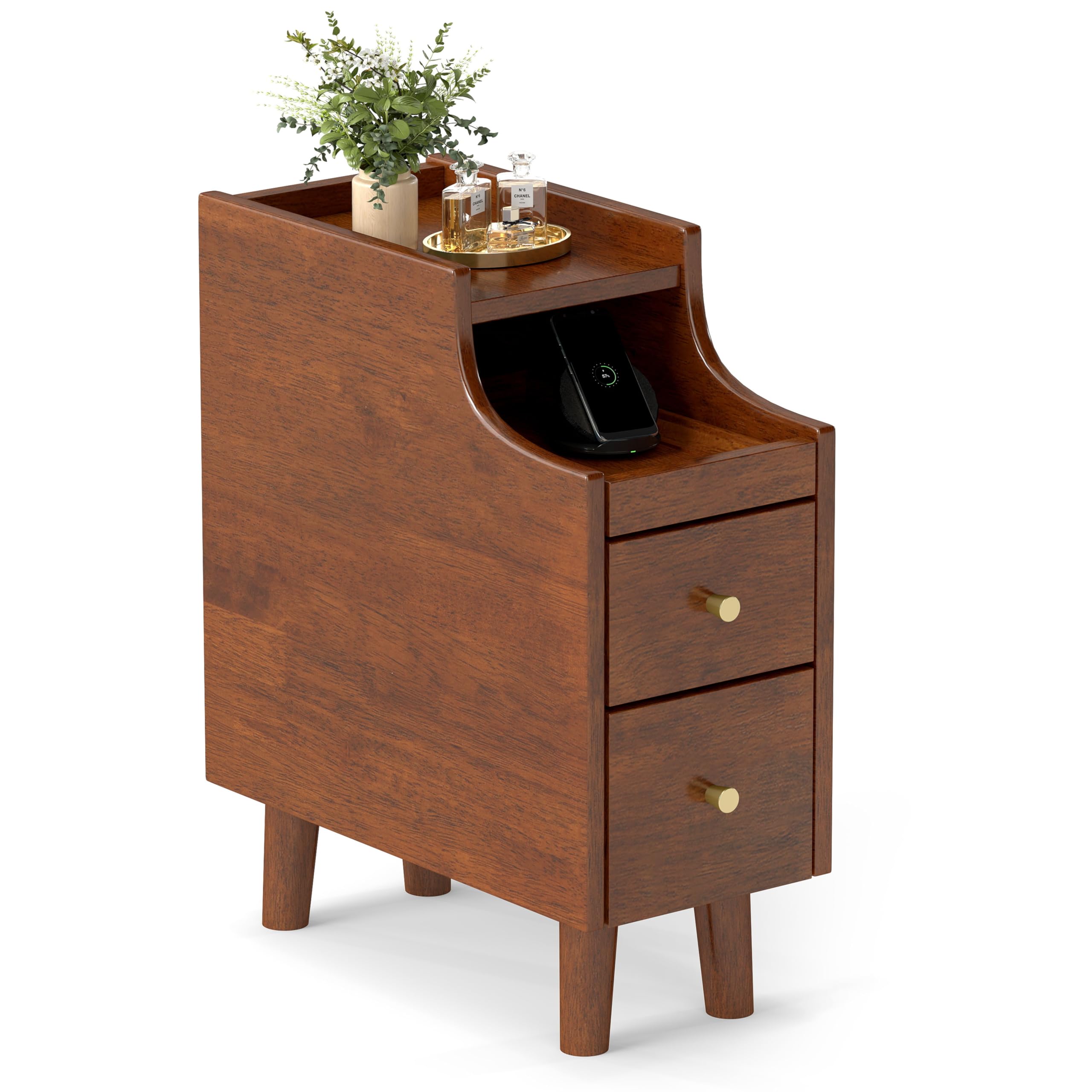 KOMFOTT Narrow Nightstand with Pull-Out Tray & 2 Storage Drawers