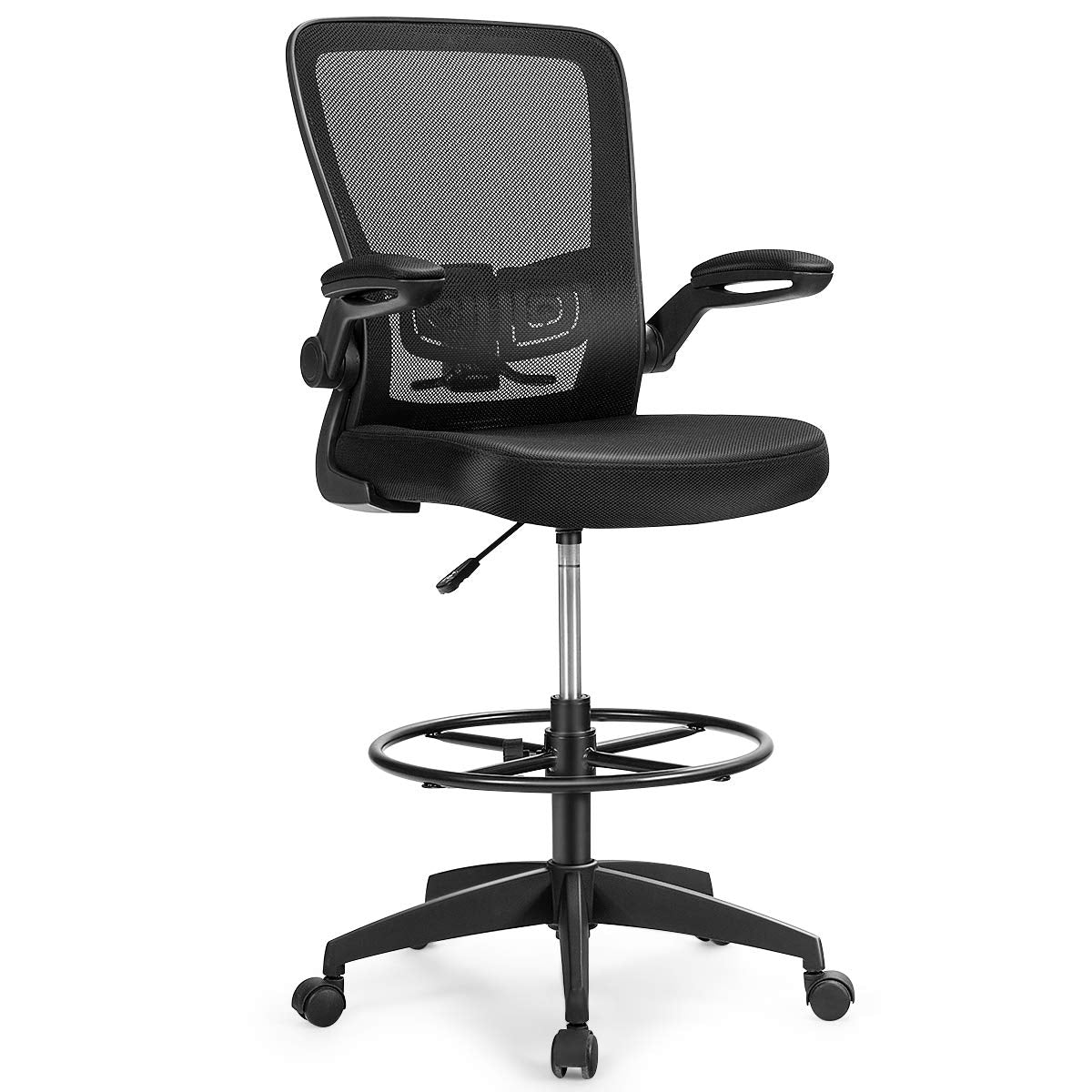 KOMFOTT Drafting Chair, Ergonomic Tall Office Chair with Thick Cushion, Flip-up Armrest, Adjustable Back Support & Footrest