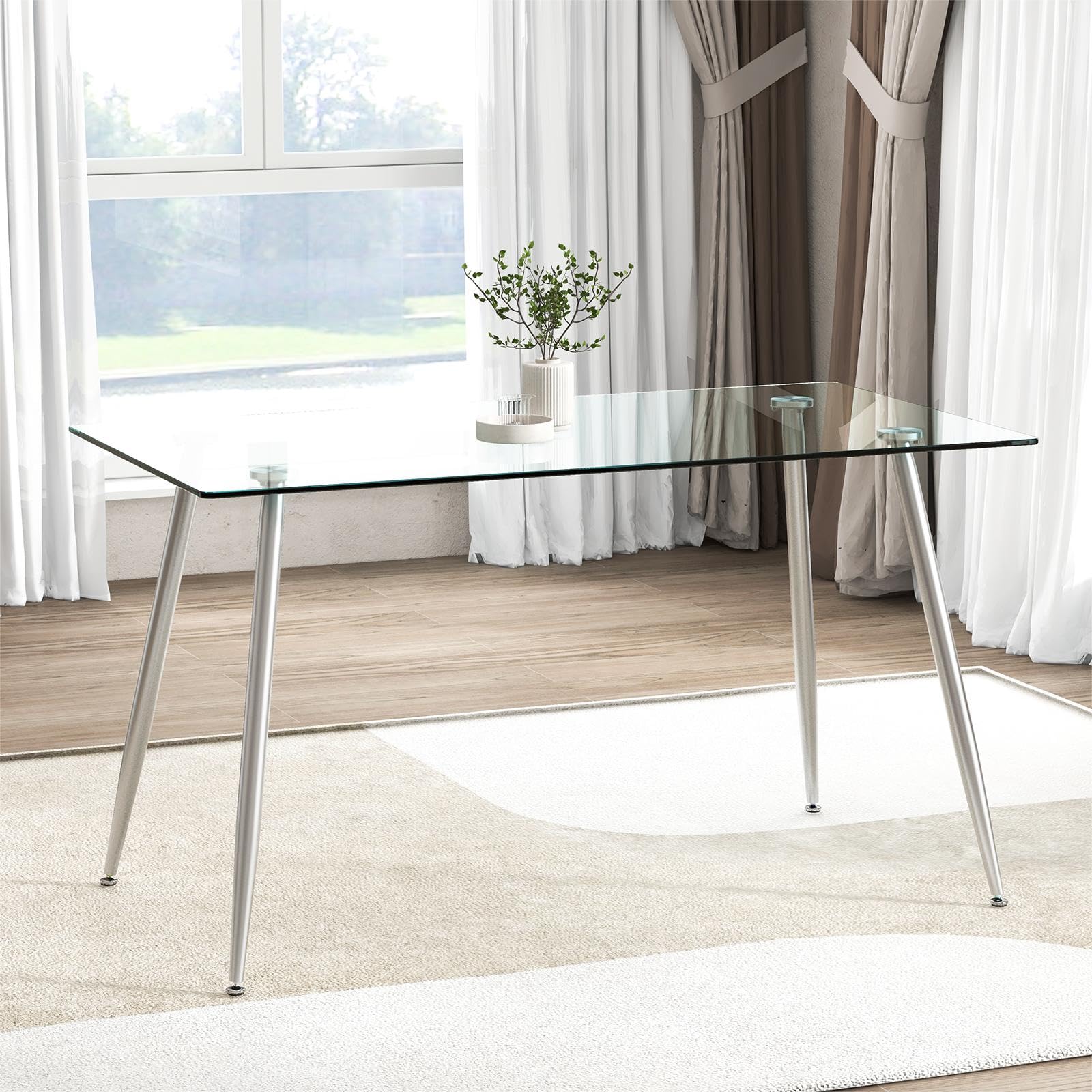KOMFOTT Glass Dining Table, Modern Rectangular Table with Spacious Tempered Glass Tabletop