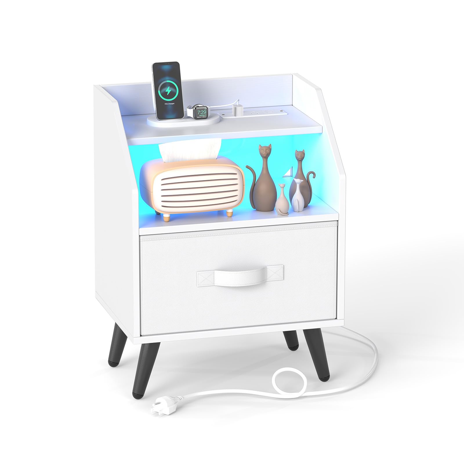 KOMFOTT Nightstand with LED Lights Charging Station & Fabric Drawer(1/2)