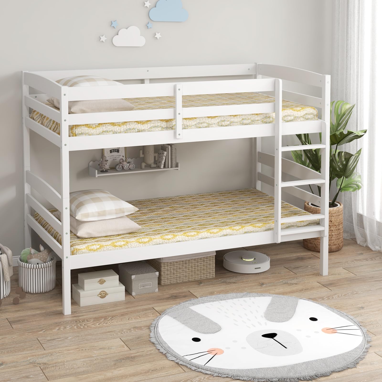 KOMFOTT Twin Over Twin Wood Bunk Bed with Full-Length Guardrail & Integrated Ladder