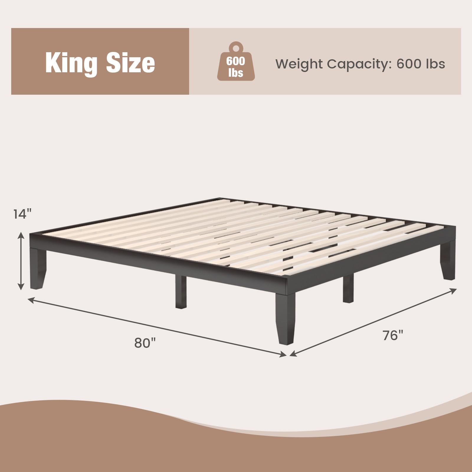 KOMFOTT Wood Platform Bed Frame, Solid Wood Mattress Foundation with Rubber Wood Frame
