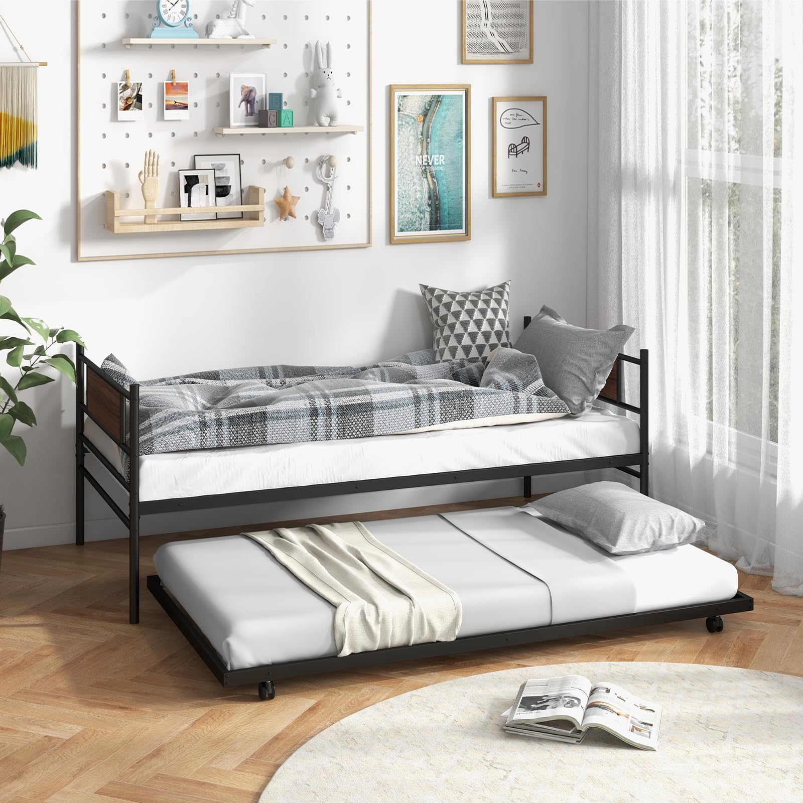 KOMFOTT Twin Size Metal Daybed with  Trundle, Wood Grain Headboard & Metal Slat Support