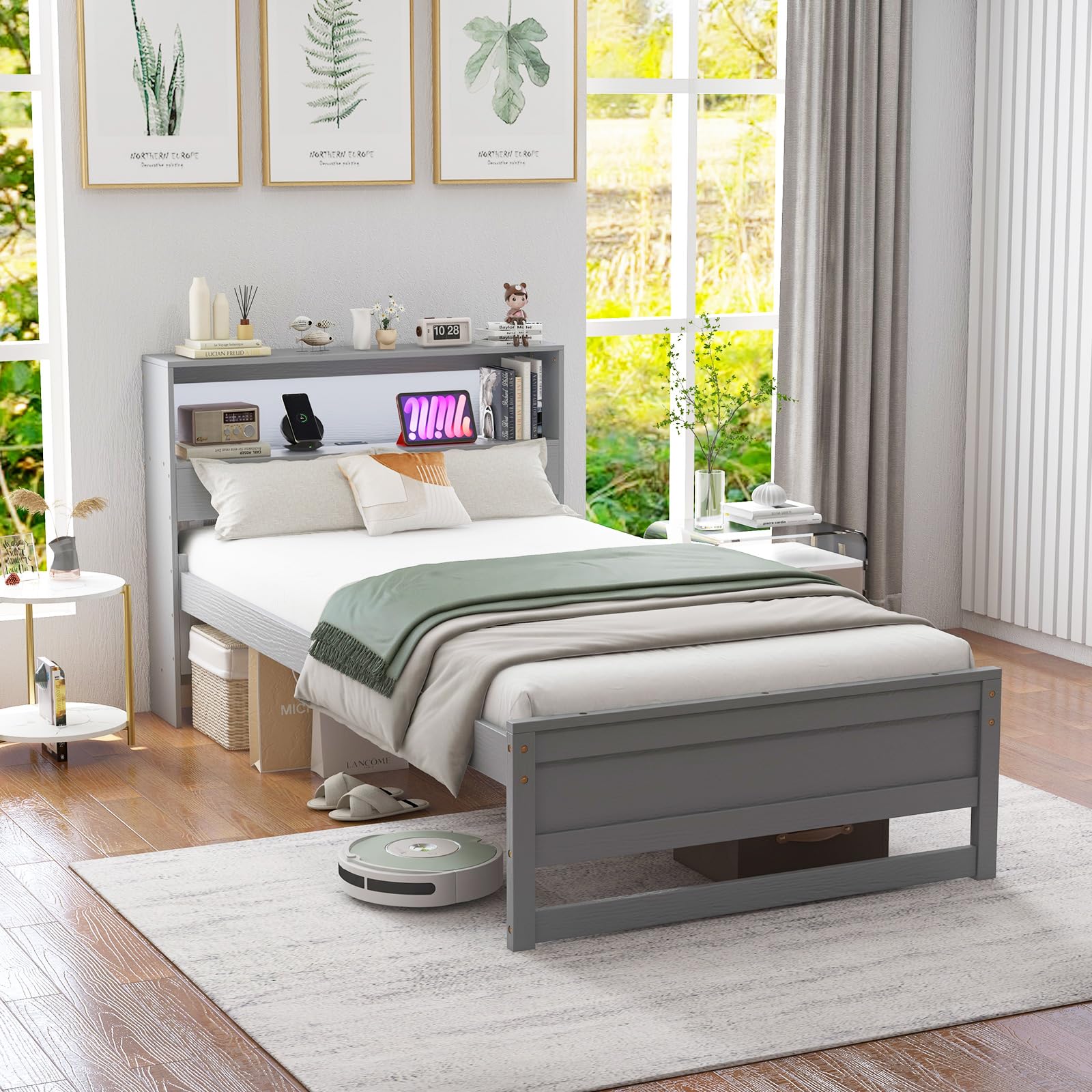 KOMFOTT Twin Size Wood Platform Bed Frame with Charging Station & LED Light