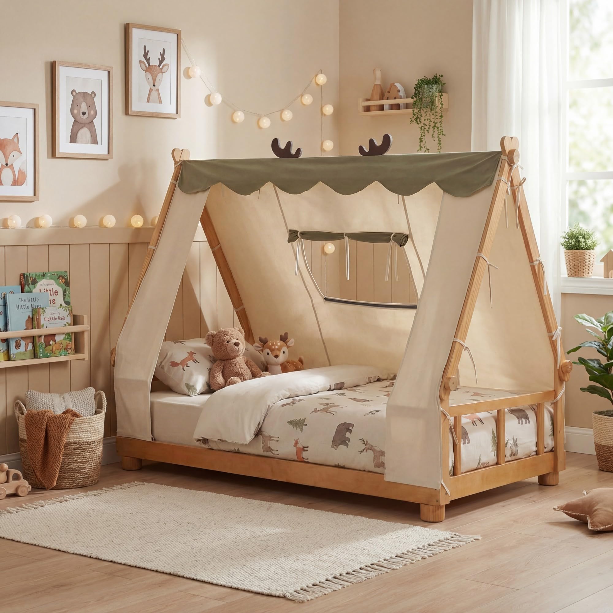 KOMFOTT Twin Floor House Bed with Tent Wood Bed Frame