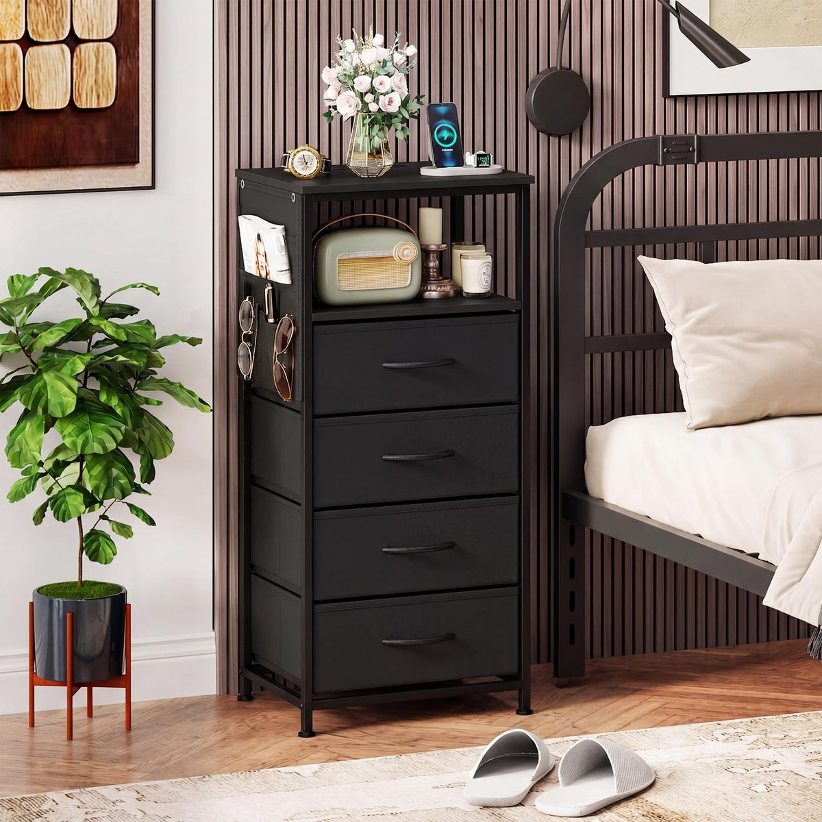 KOMFOTT 1/2 Nightstand with Integrated Charging Station 34" Tall Modern End Table(4 Drawers)