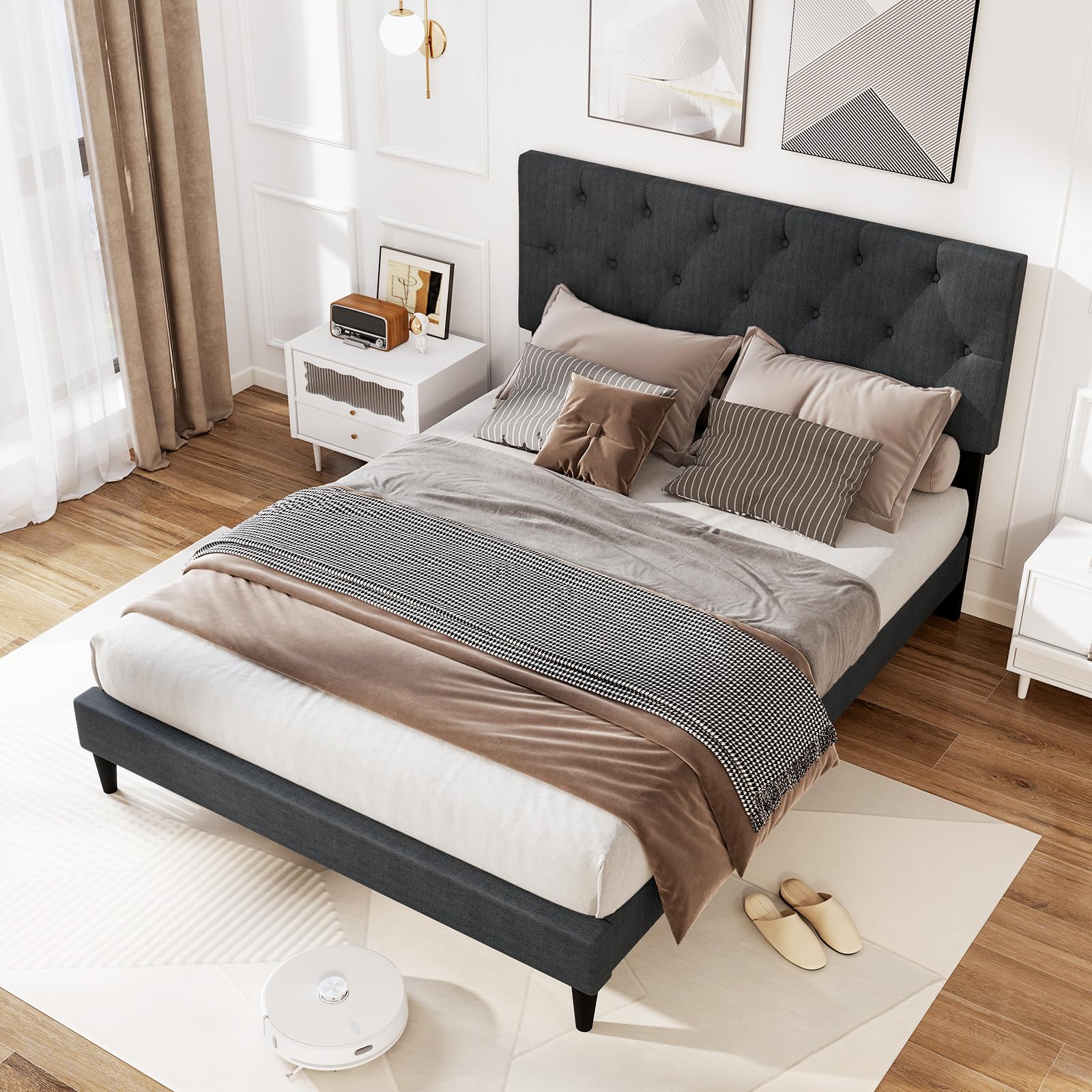 KOMFOTT Upholstered Platform Bed Frame(Diamond Button Tufted)