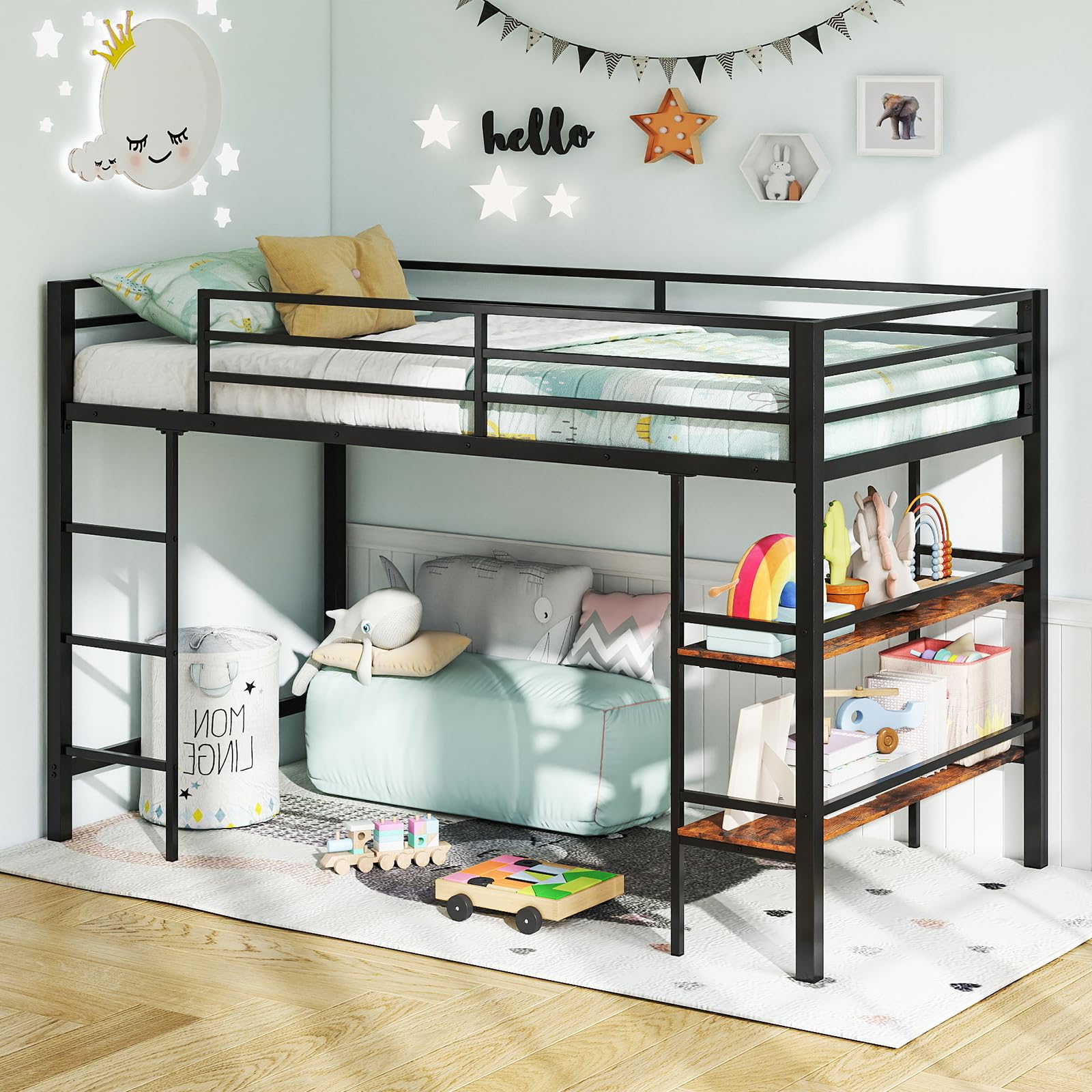 KOMFOTT Twin Size Metal Loft Bed w/Storage Shelves