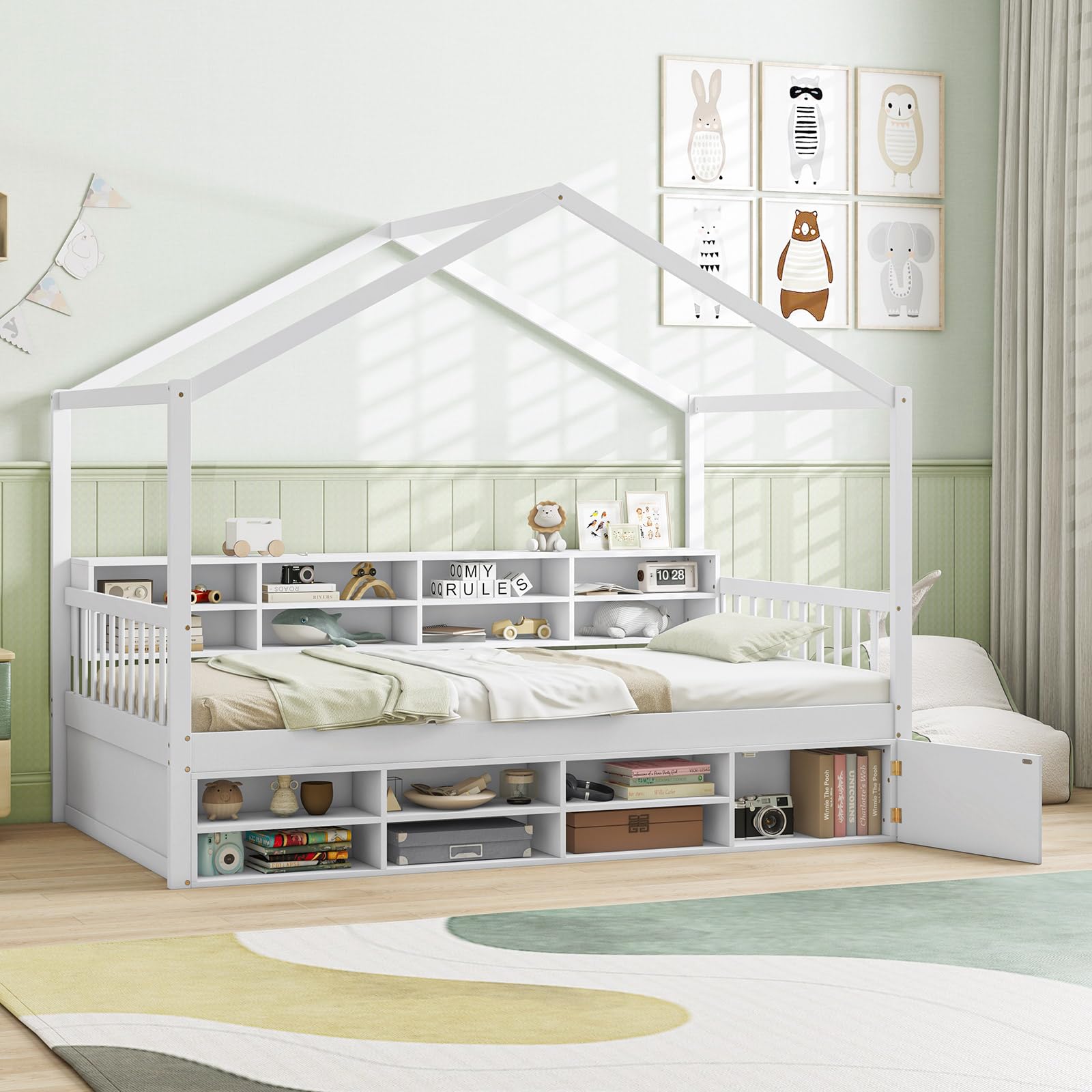 KOMFOTT Twin Size House Bed with 14 Storage Cubes, Enclosed Cabinet, Wood Slats & Fencing