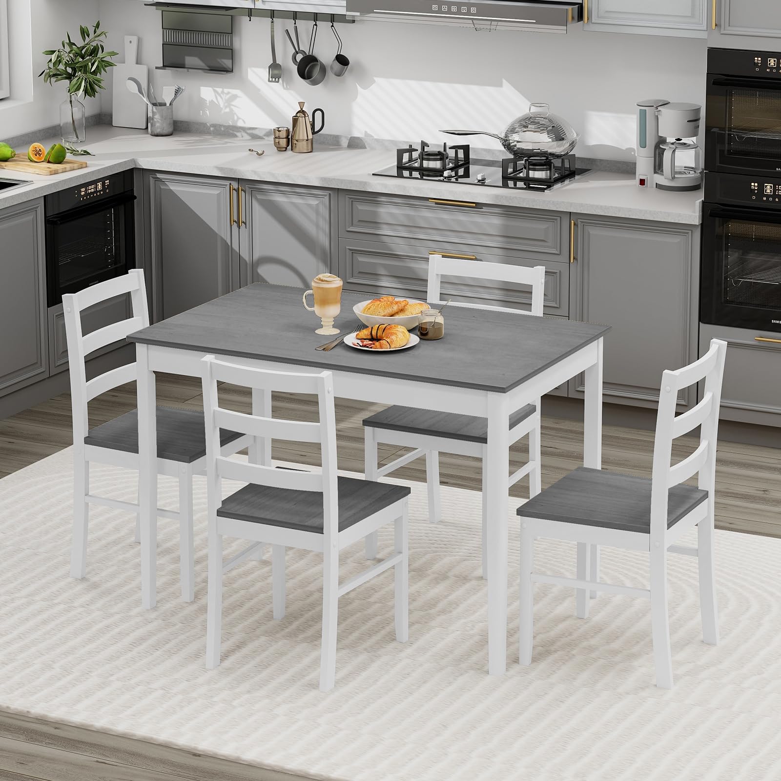 KOMFOTT Dining Table Set for 4, Farmhouse Solid Wood Dining Set w/Rubber Wood Legs