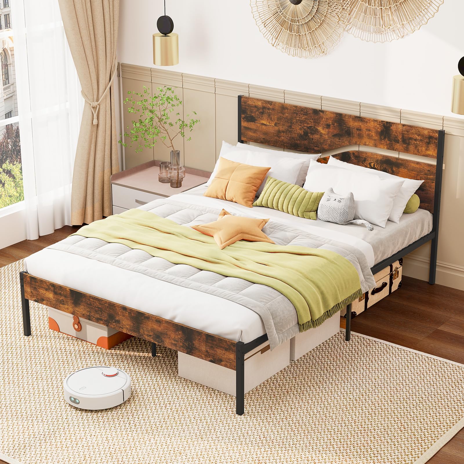 KOMFOTT Queen Size Metal Platform Bed Frame with Headboard