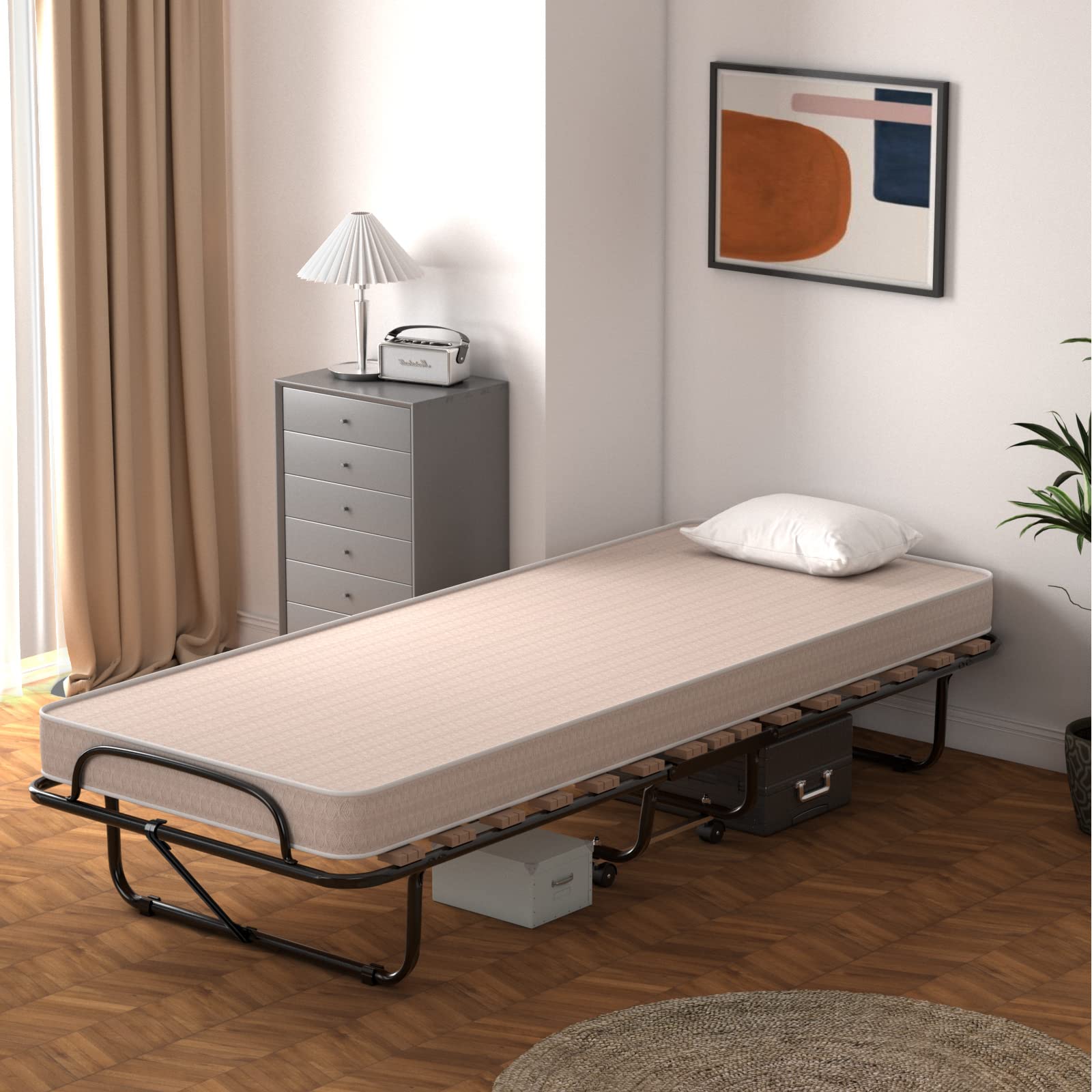 KOMFOTT Folding Bed with Mattress for Adults, Rollaway Guest Beds w/Memory Foam Mattress & Metal Frame