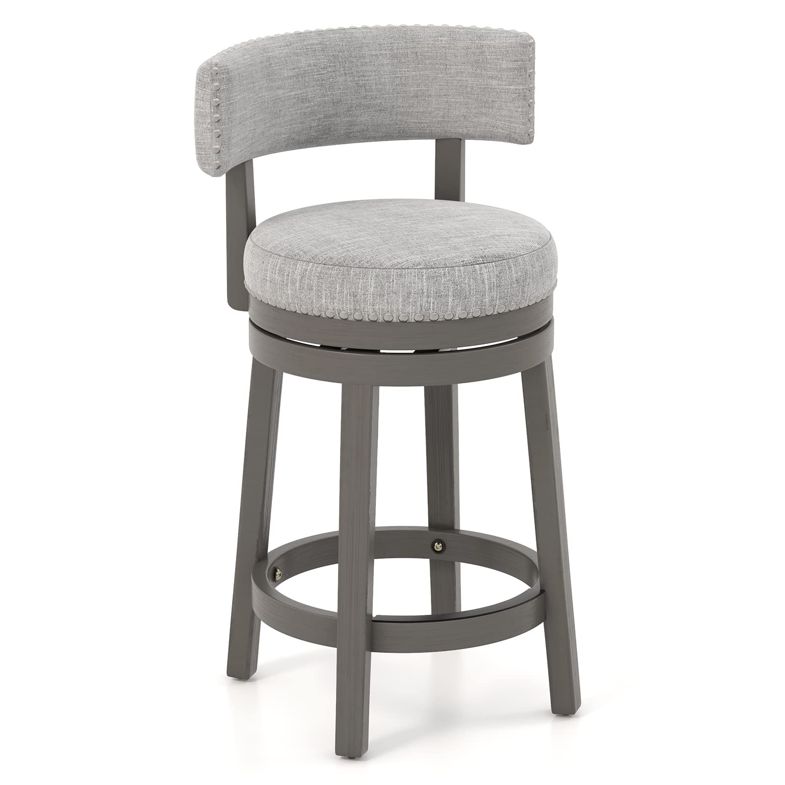 KOMFOTT Modern 360° Swivel Bar Stool with Upholstered Back & Seat, Solid Rubber Wood Legs & Round Footrest