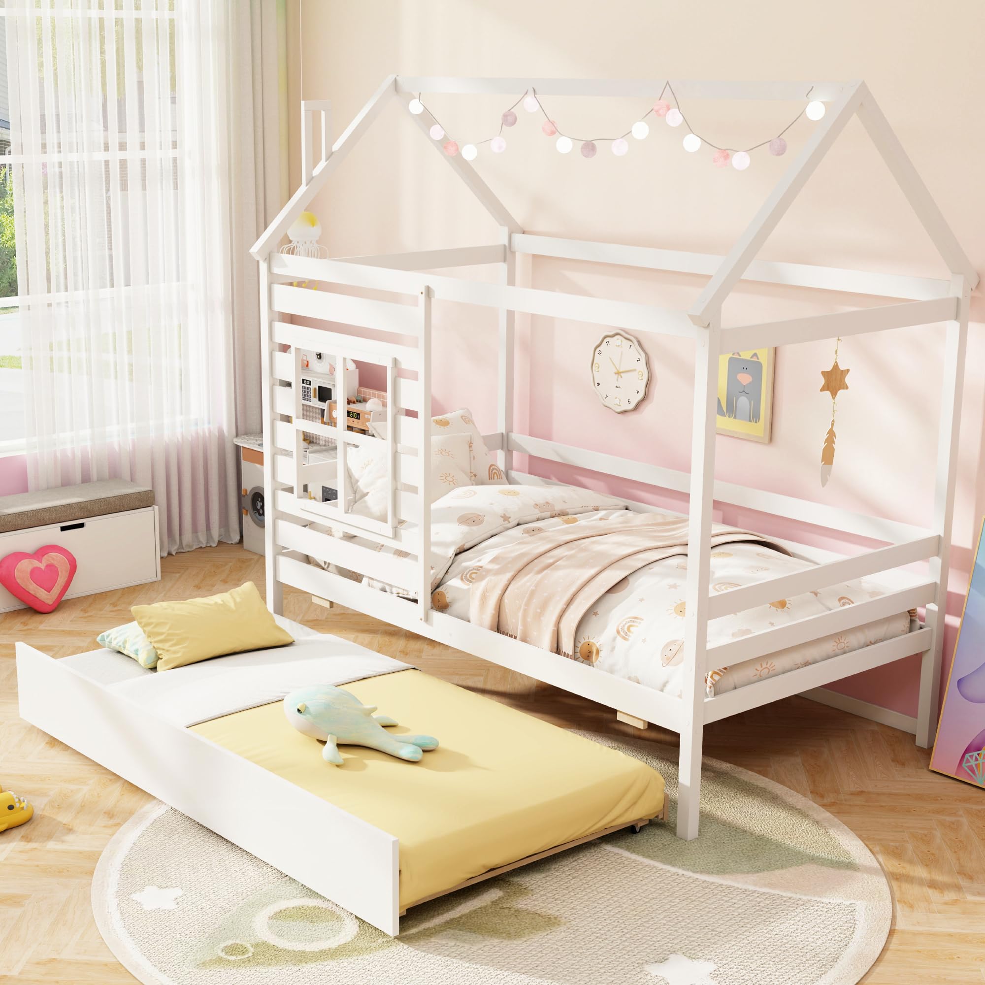KOMFOTT Wood Twin House Bed with Trundle
