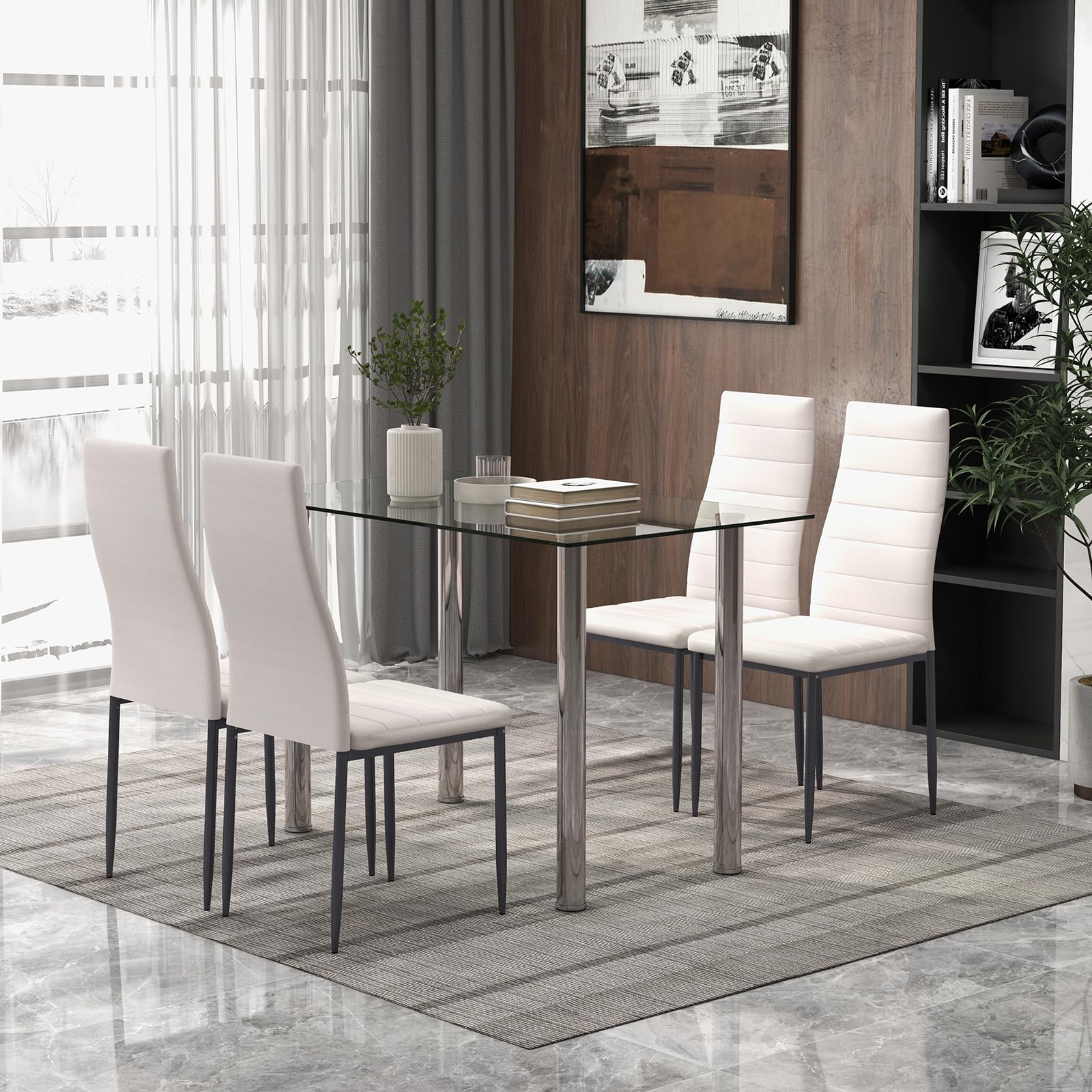 KOMFOTT 5 Piece Dining Table Sets, Modern Tempered Glass Top and PVC Leather Chair w/4 Chairs