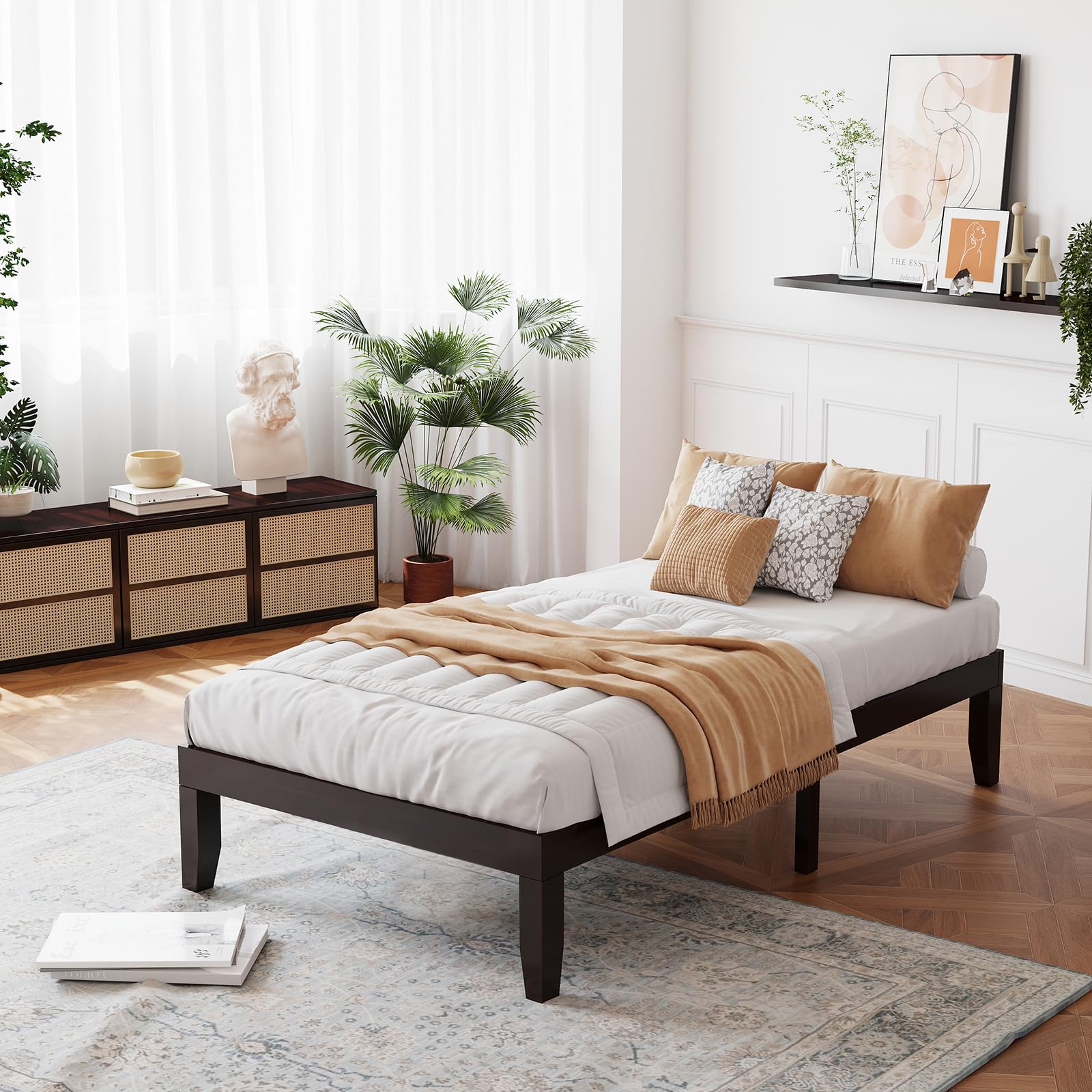 KOMFOTT Wood Platform Bed Frame, Solid Wood Mattress Foundation with Rubber Wood Frame