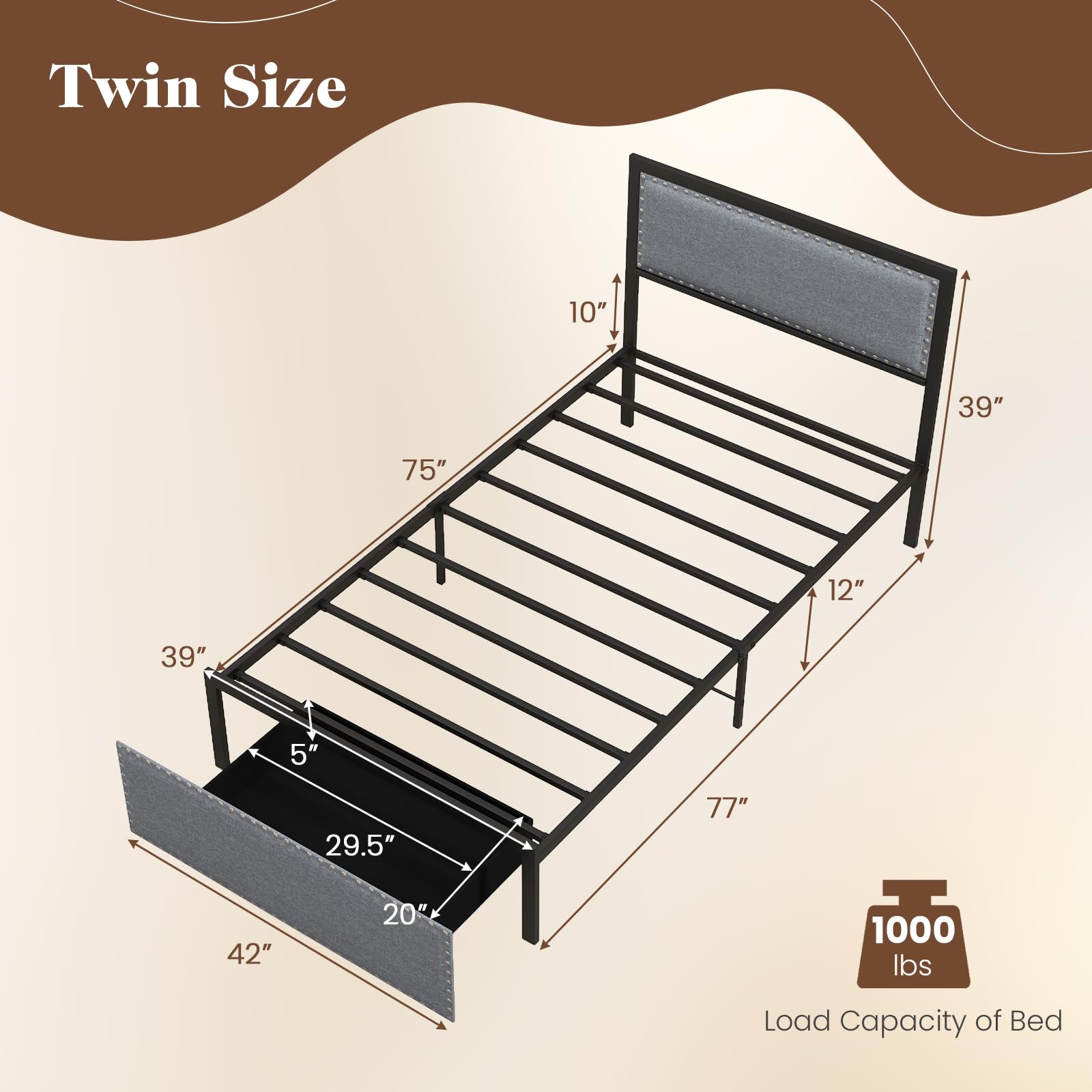 KOMFOTT Twin/Full/Queen Metal Platform Bed Frame with Storage Drawer
