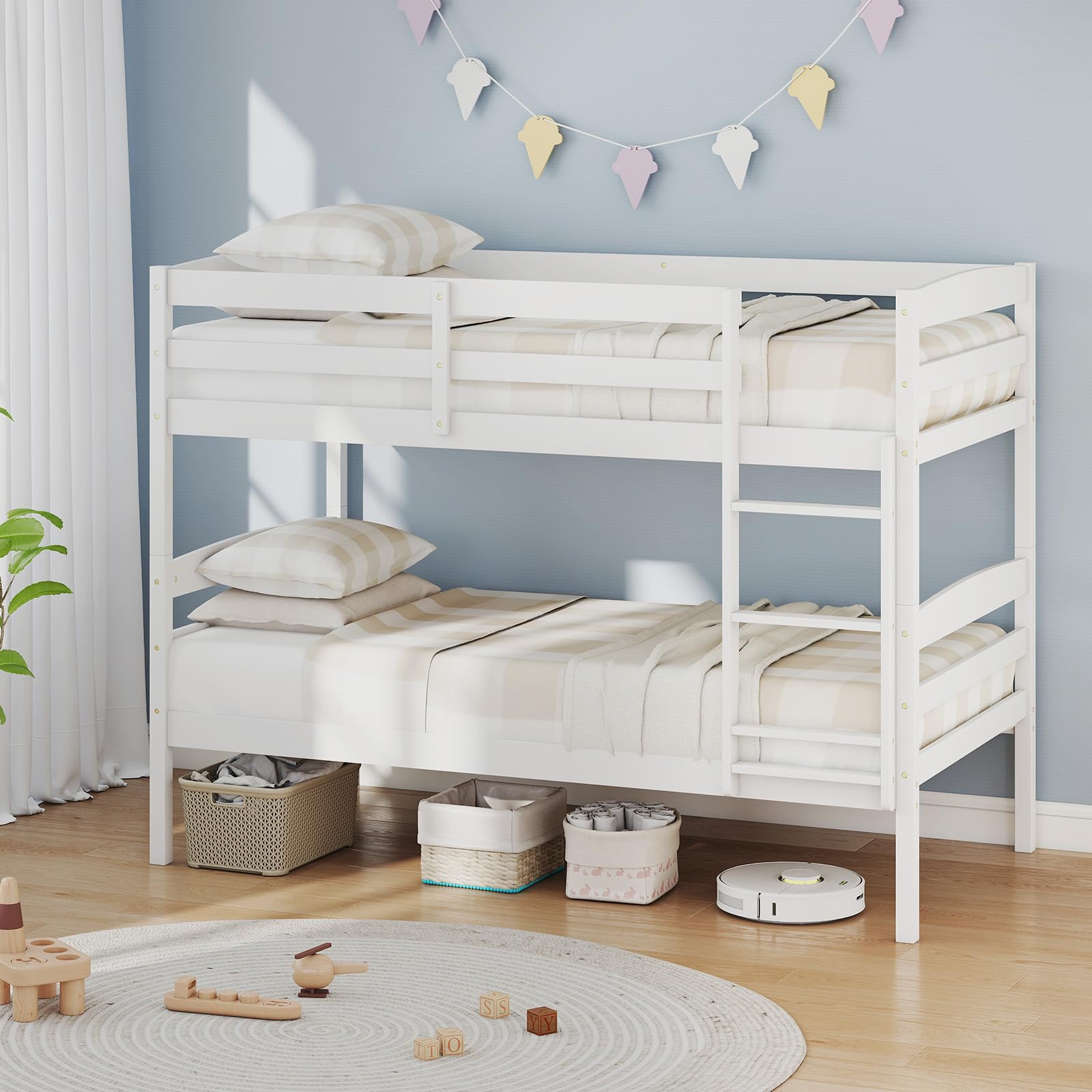 KOMFOTT Twin Over Twin Wood Bunk Bed, Converts to 2 Individual Beds