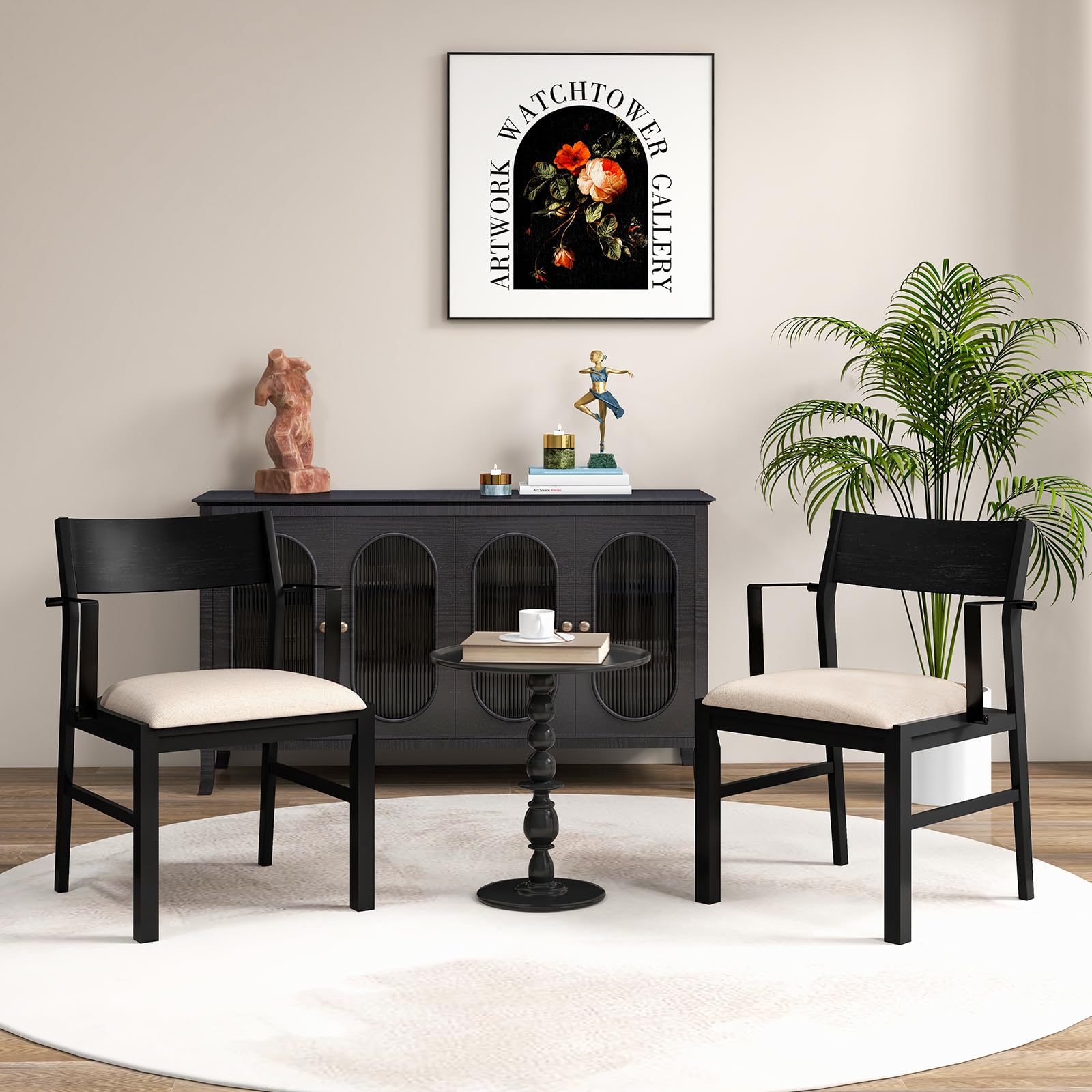 Komfott Dining Chairs Set of 2/4 with Padded Seat, Metal Armrest, Solid Rubber Wood Legs