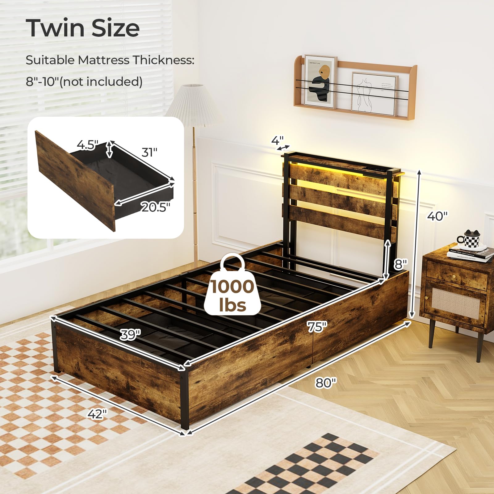 KOMFOTT Industrial Bed Frame with 4 Drawers & LED Lights Headboard