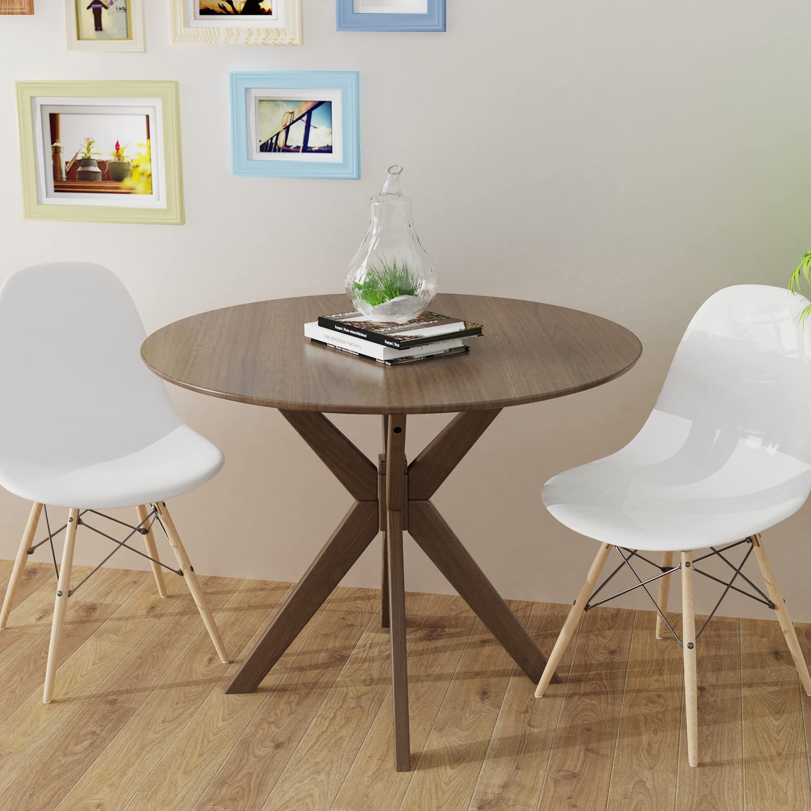 KOMFOTT 36" Round Dining Table, Solid Wood Kitchen Table with Intersecting Pedestal Base and Adjustable Foot Pads