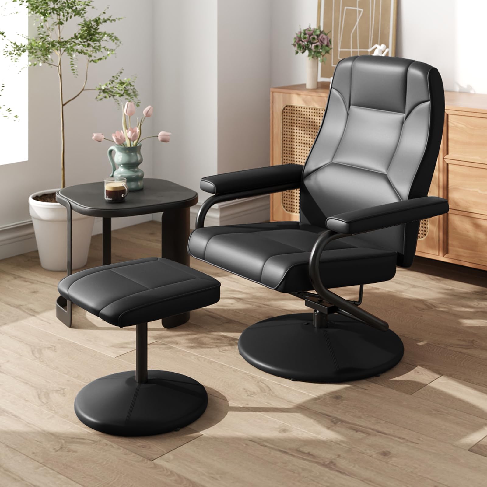 KOMFOTT Recliner Chair with Ottoman, 360° Swivel Faux Leather Reclinin