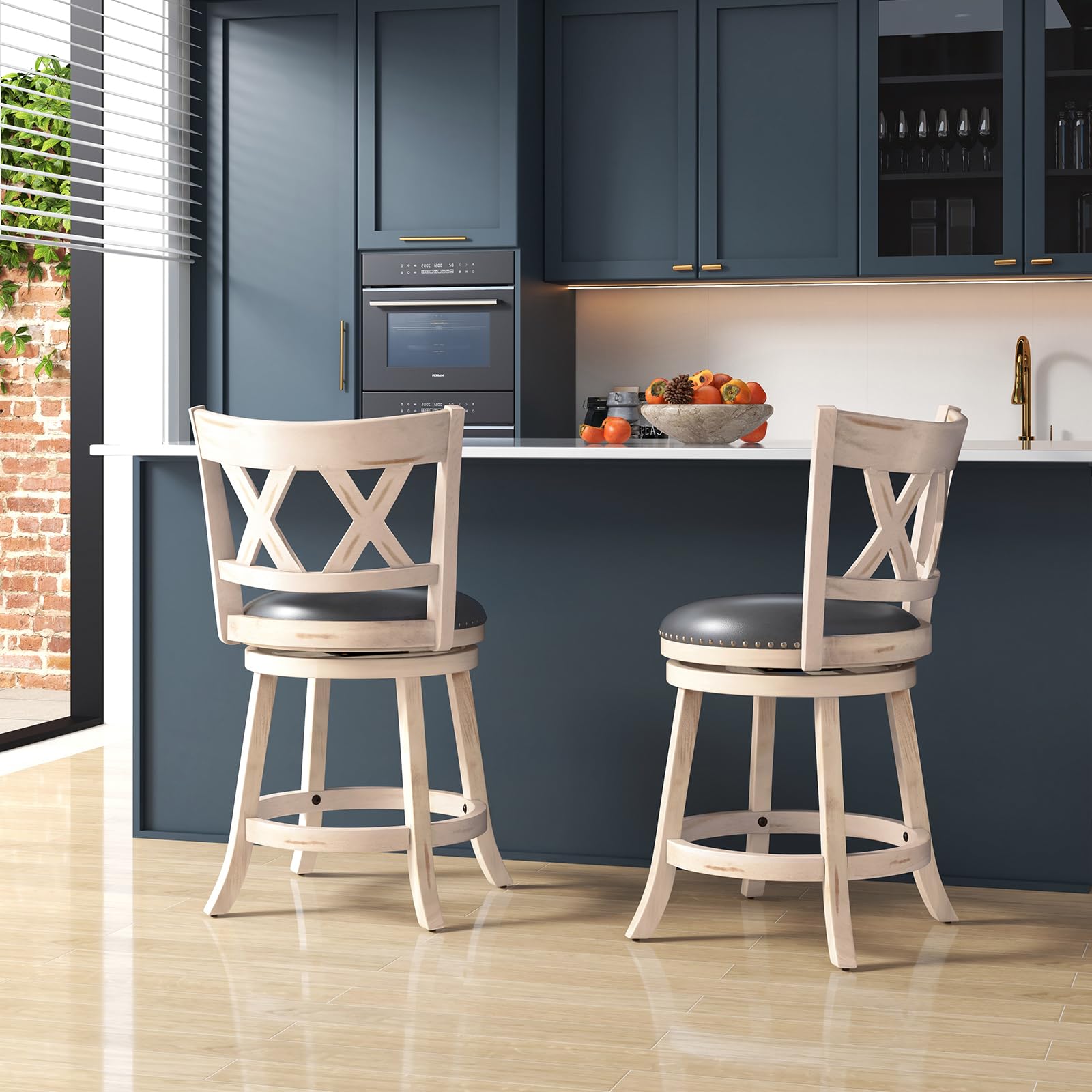 KOMFOTT 25.5" Bar Stools Set of 2/4, Swivel Counter Height Stools with Back, 20" Wide Padded Seat, Rubber Wood Frame