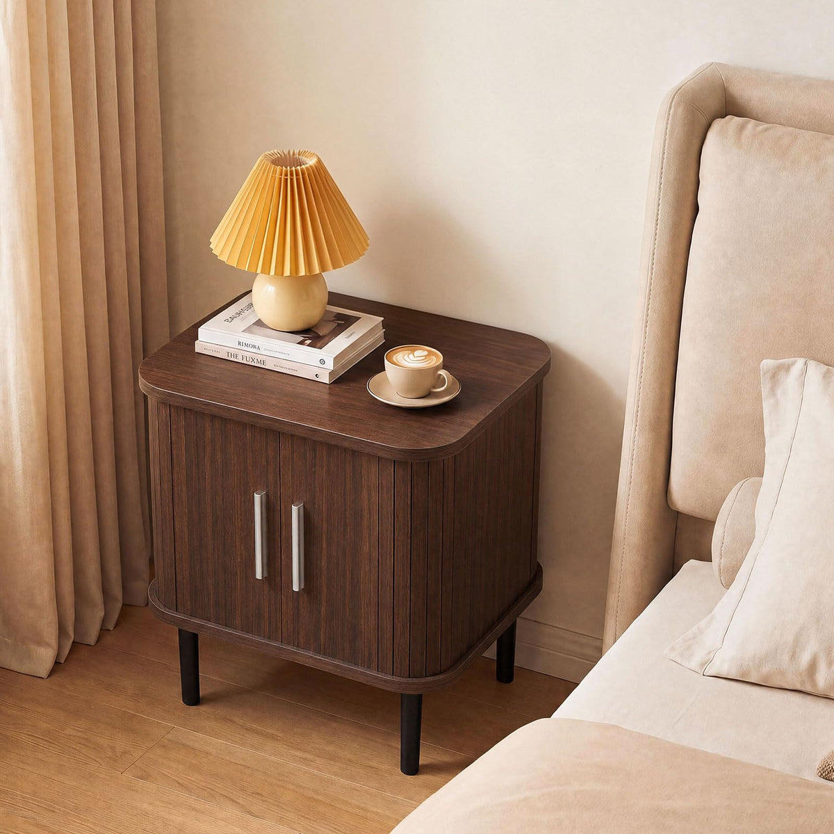 KOMFOTT Fluted Nightstand with Sliding Doors Wood Bedside Table(1/2)