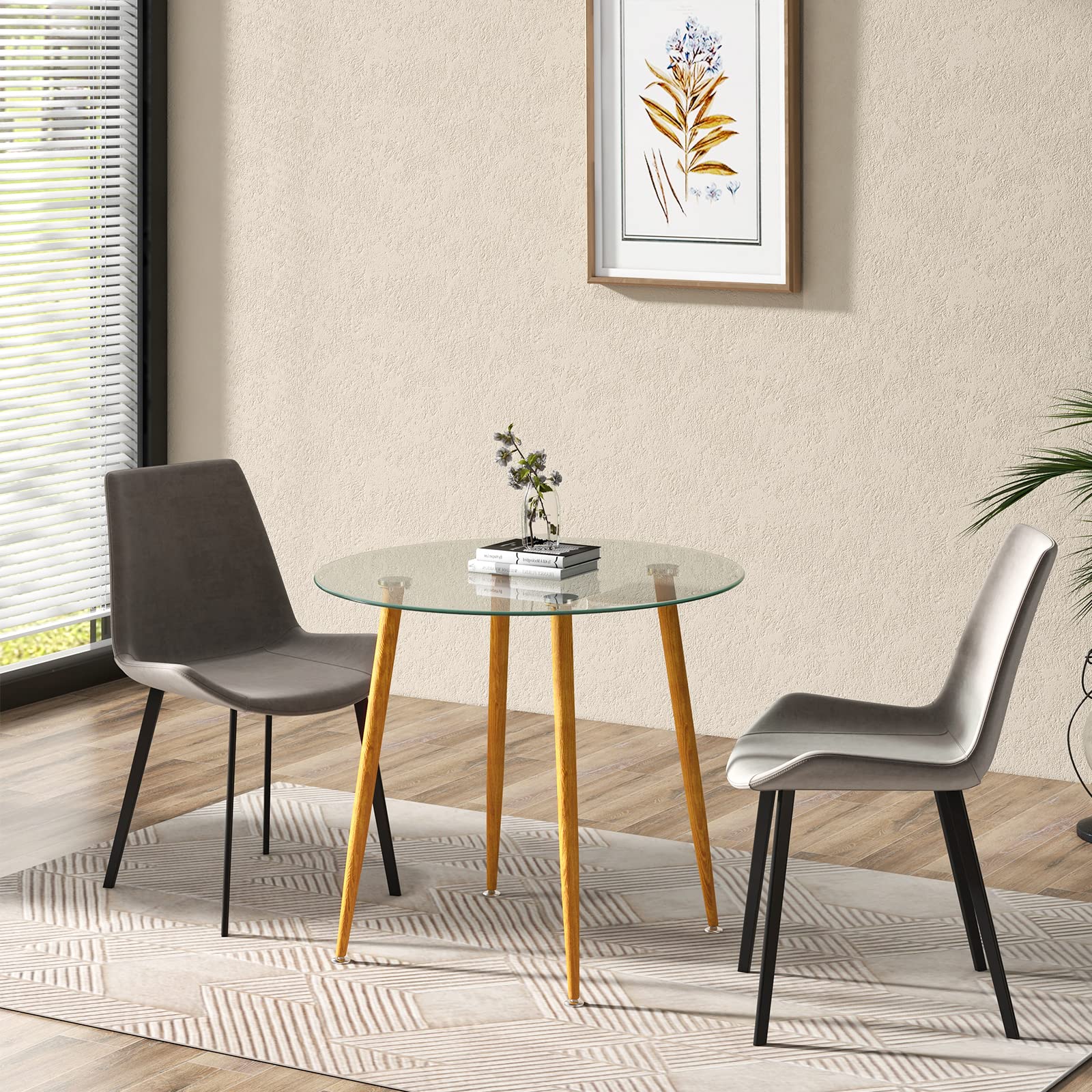 KOMFOTT Round Glass Dining Table, Kitchen Dinner Table w/Tempered Glass Tabletop & Metal Legs