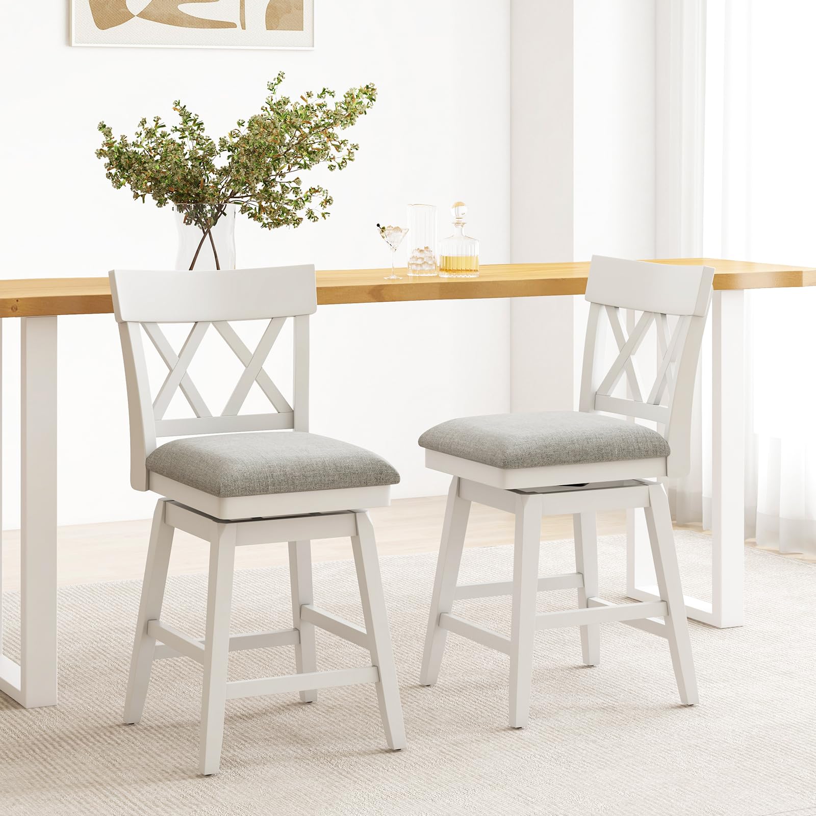KOMFOTT Swivel Counter Height Bar Stool with Contoured Backrest, Padded Seat & Rubber Wood Legs