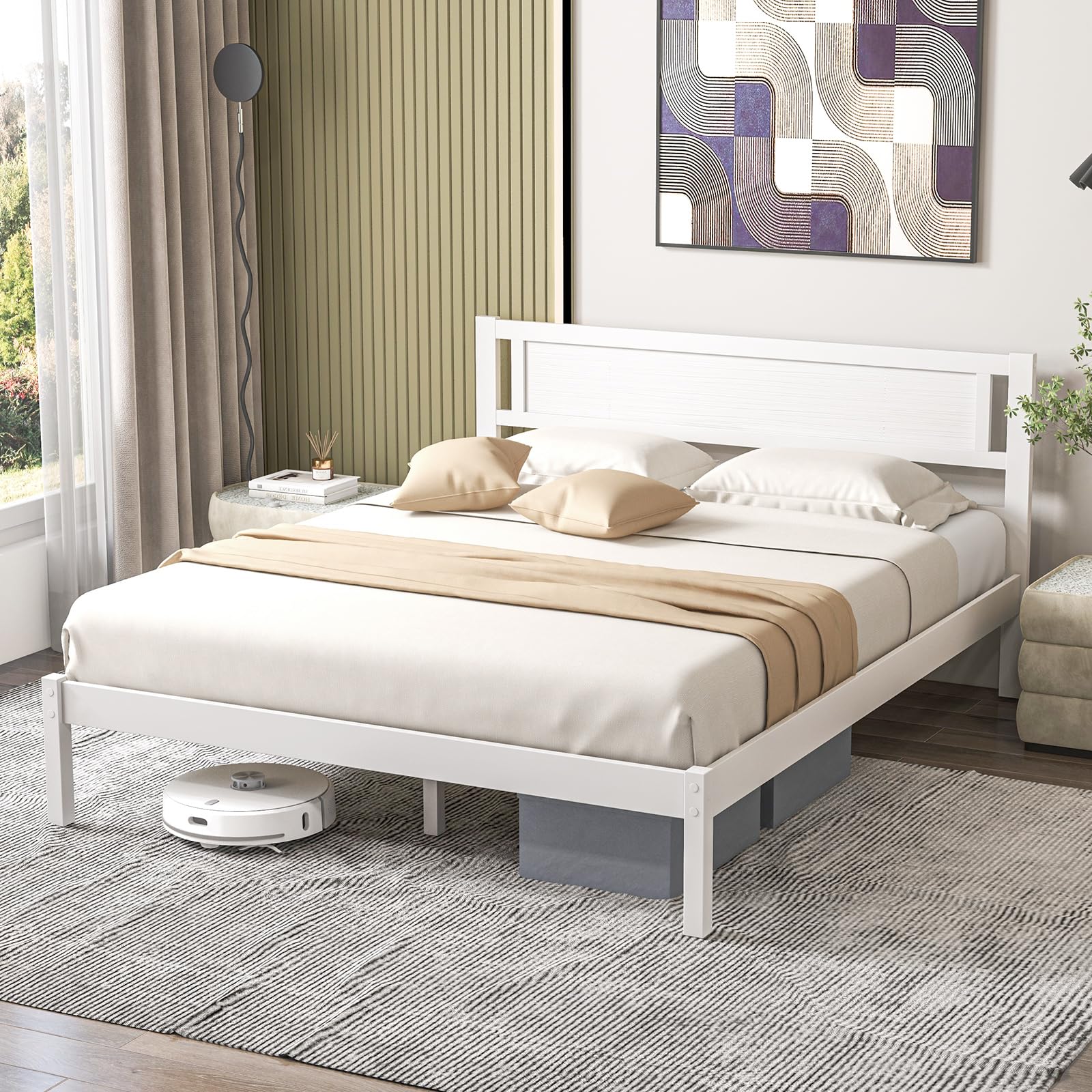 KOMFOTT Queen Size Wood Platform Bed Frame with Headboard