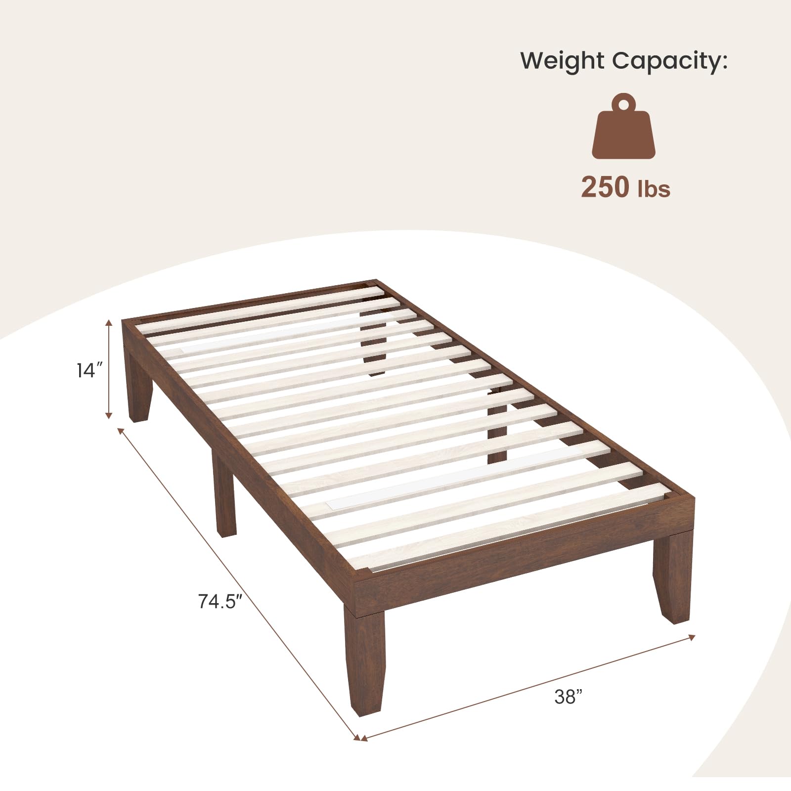 KOMFOTT Wood Platform Bed Frame, Solid Wood Mattress Foundation with Rubber Wood Frame