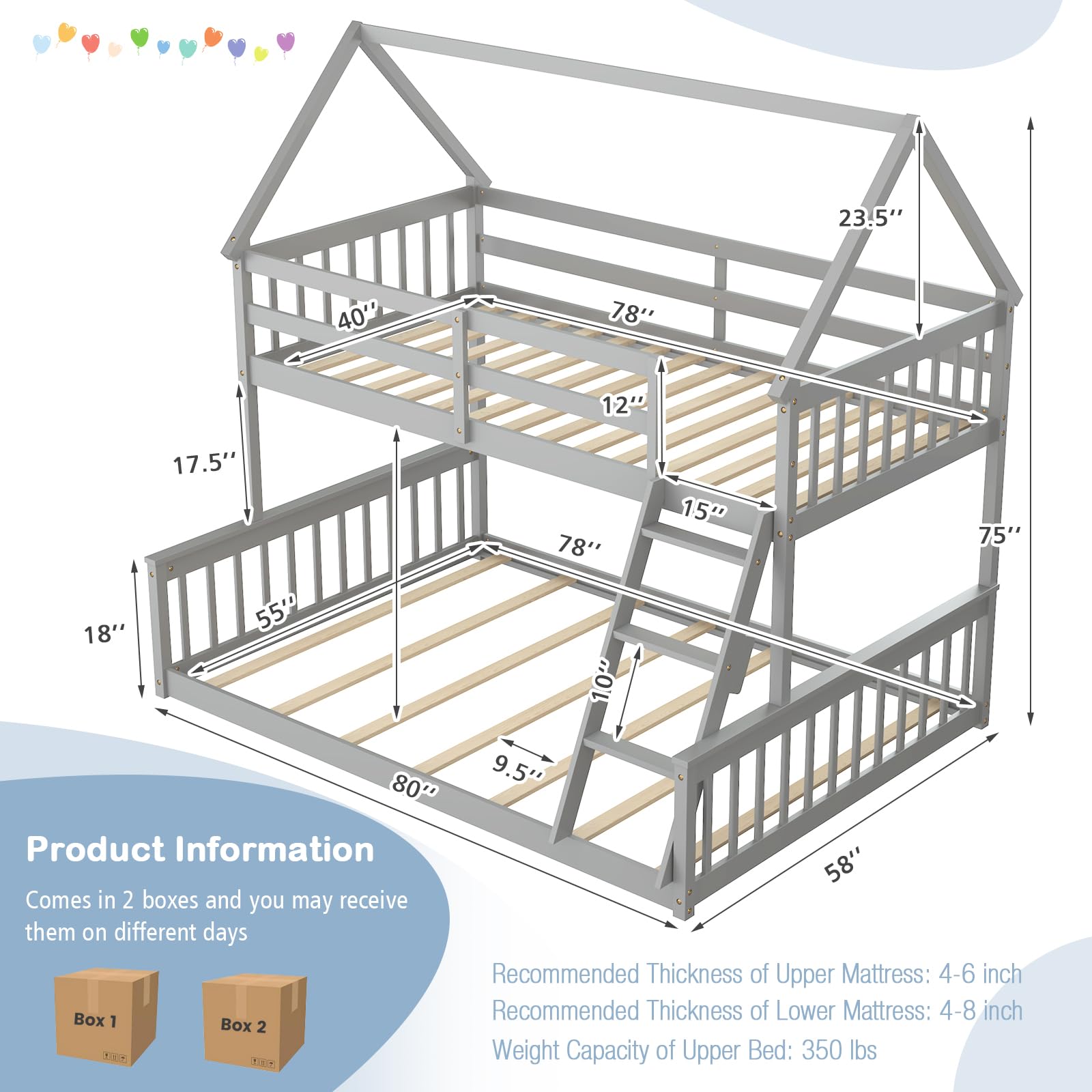 KOMFOTT Twin Over Full Wood House Bunk Bed with Integrated Ladder & Safety Guardrails, Convertible to 2 Beds