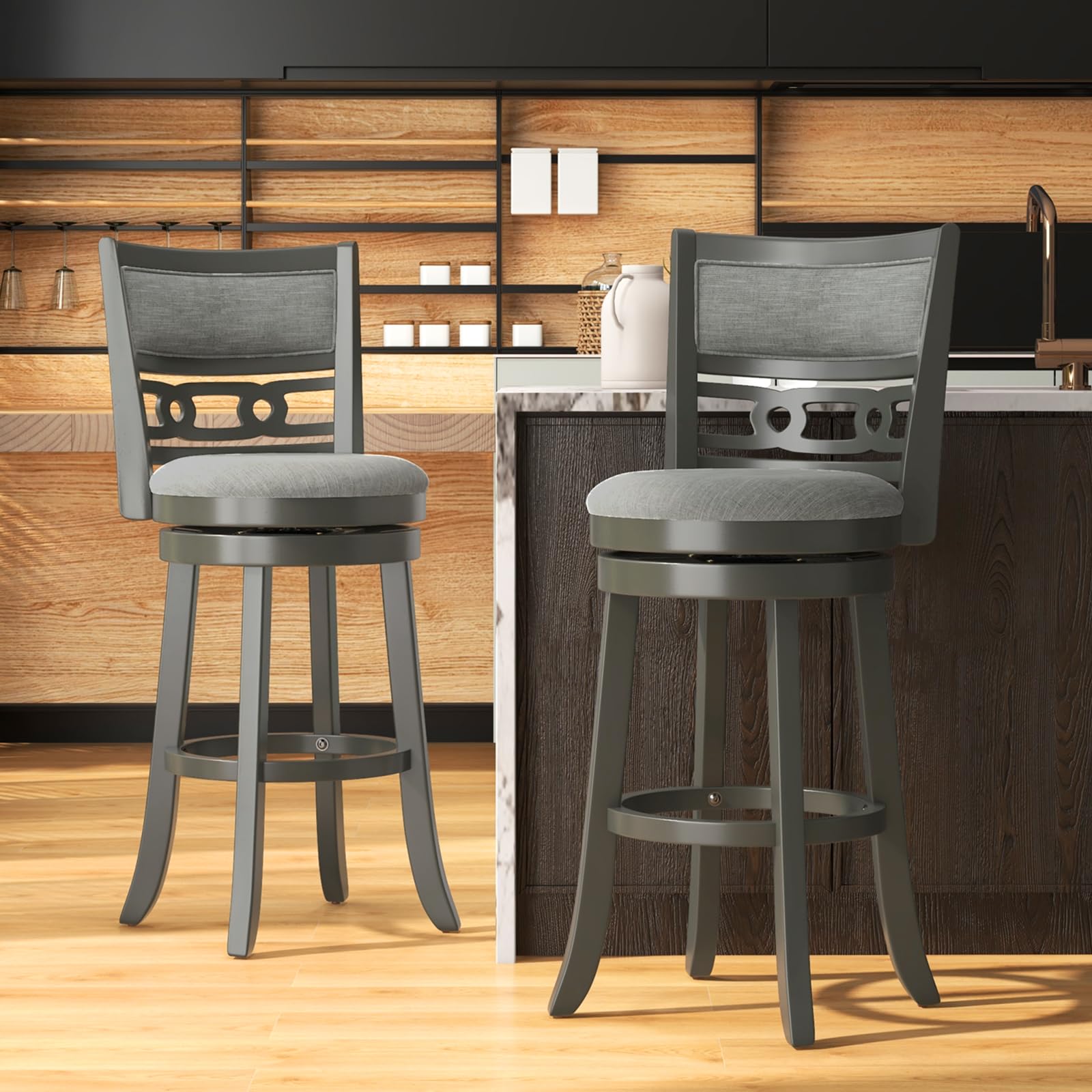 KOMFOTT Upholstered Bar Height Bar Chair with Wooden Frame, Swivel Seat & Footrest