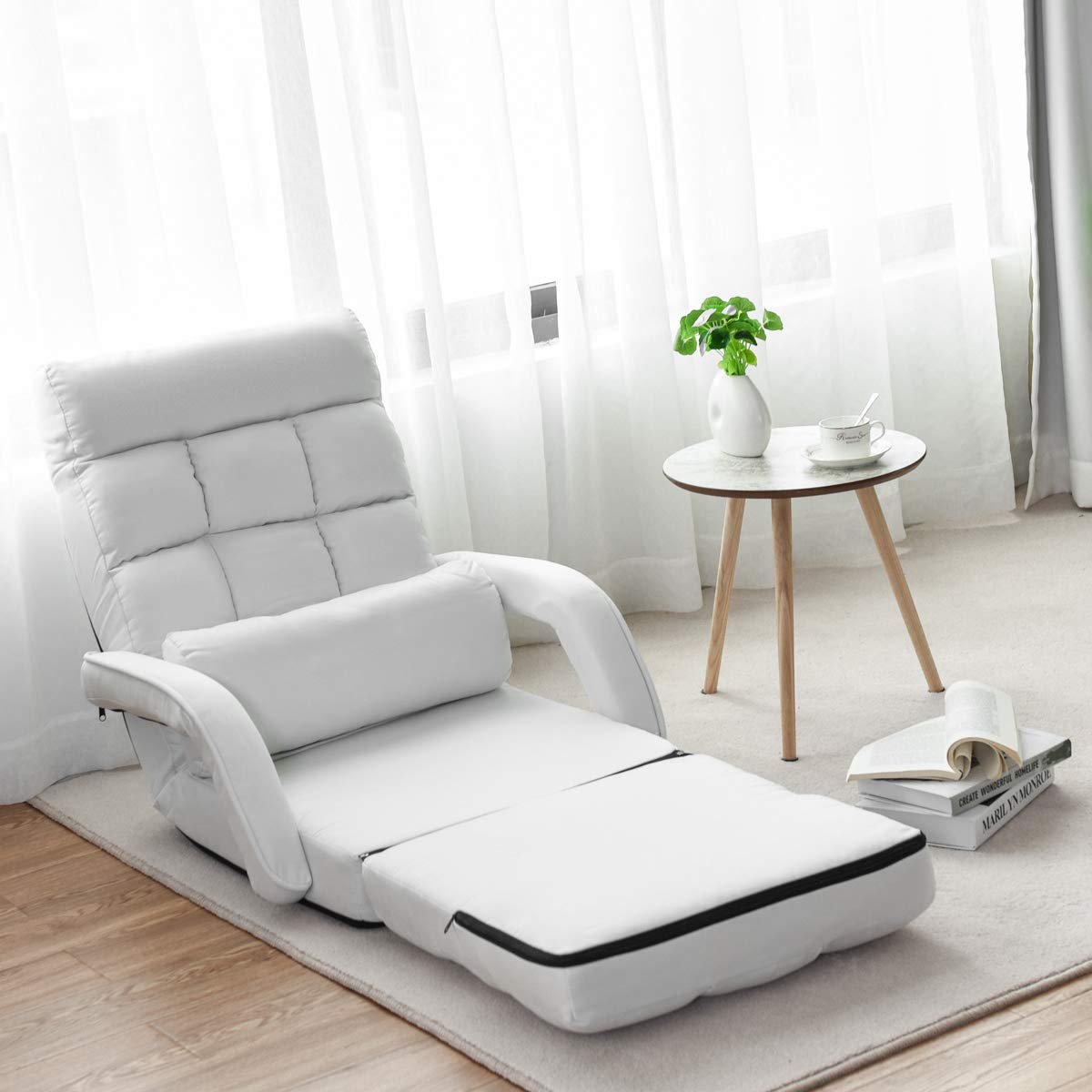 KOMFOTT Folding Floor Chair with 6-Position Adjustable Backrest, Armrests & Removable Pillow