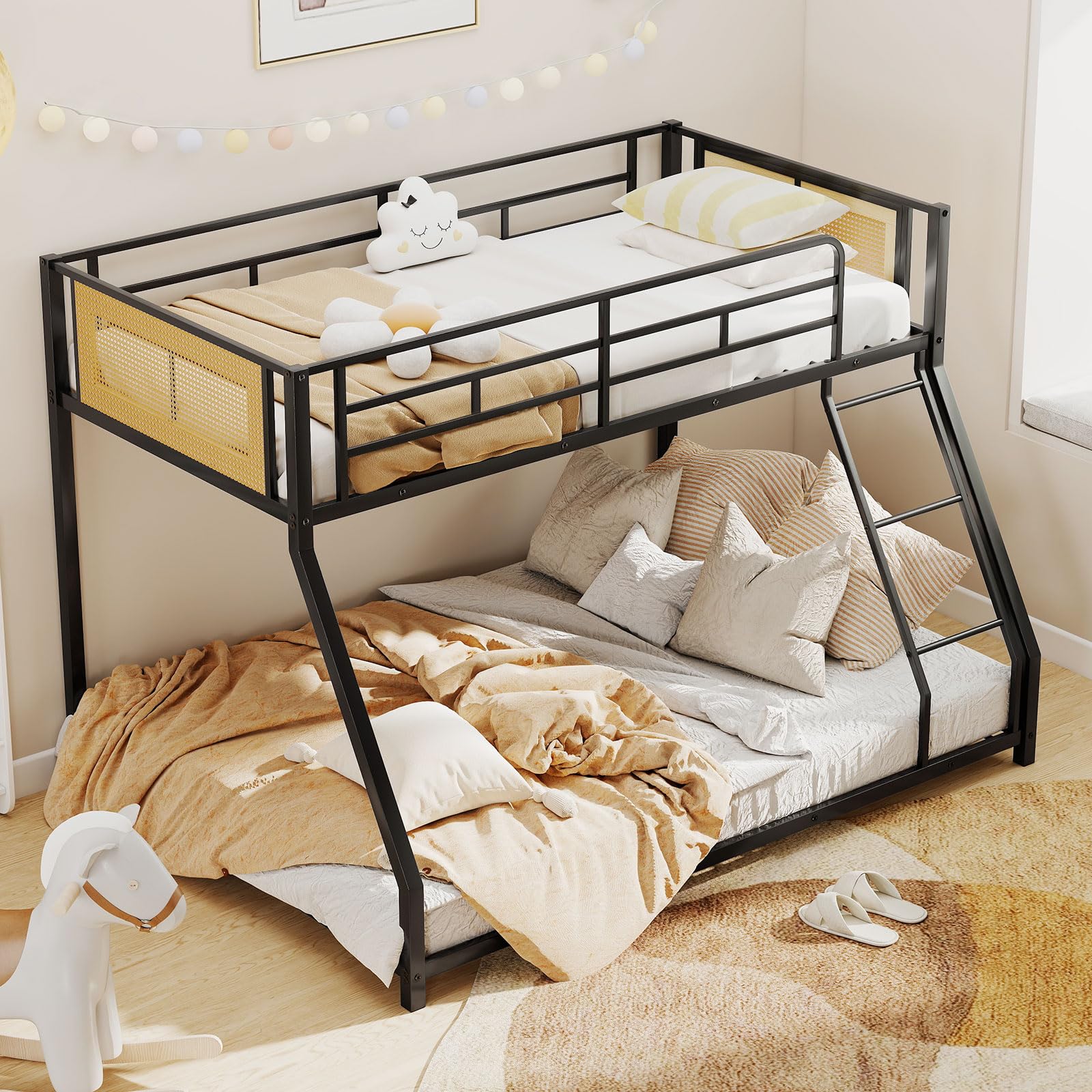 KOMFOTT Metal Bunk Bed Twin Over Full Low Profile Boho Rattan Bunk Bed