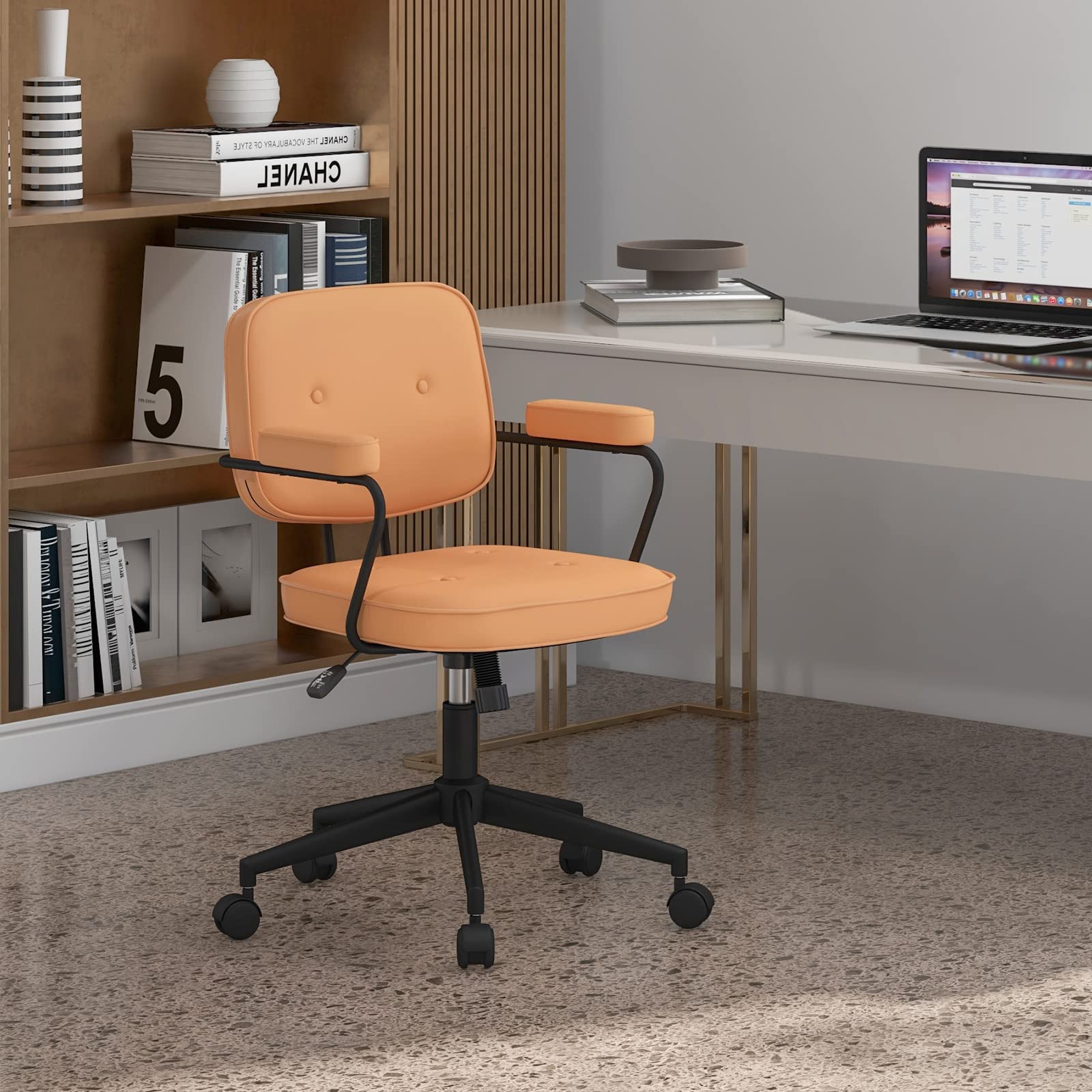 KOMFOTT Mid Century Leather Height Adjustable Office Chair with Rocking Backrest & Padded Armrest