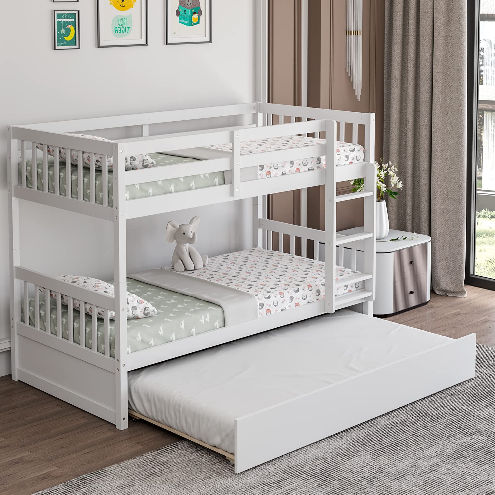 KOMFOTT 2-in-1 Convertible Twin Over Twin Wood Bunk Bed with Trundle