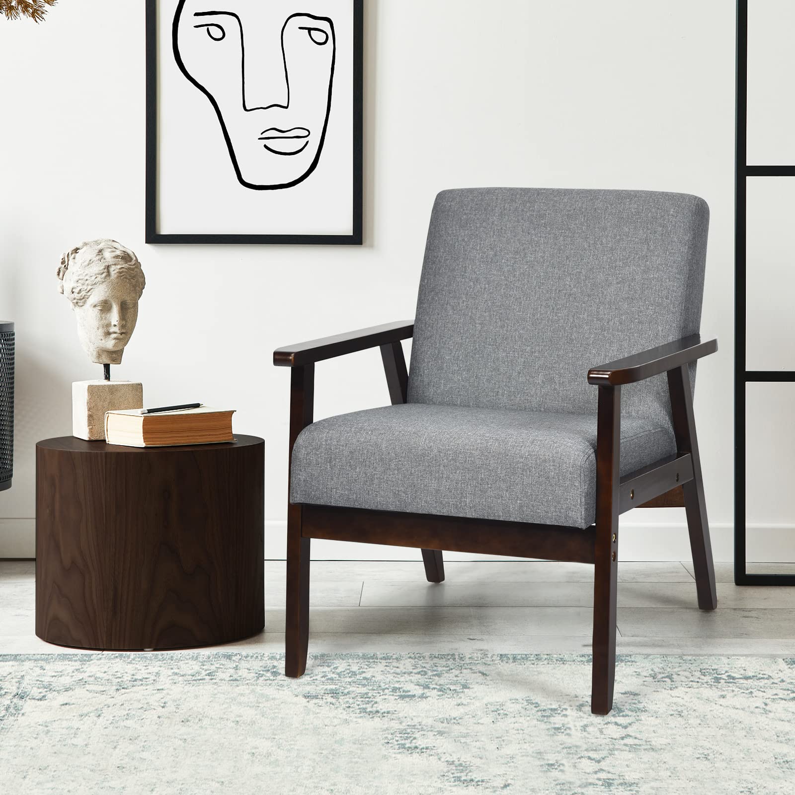 KOMFOTT Armrest Accent Chair, Upholstered Linen Fabric Lounge Chair with Rubber Wood Legs, Comfortable Backrest