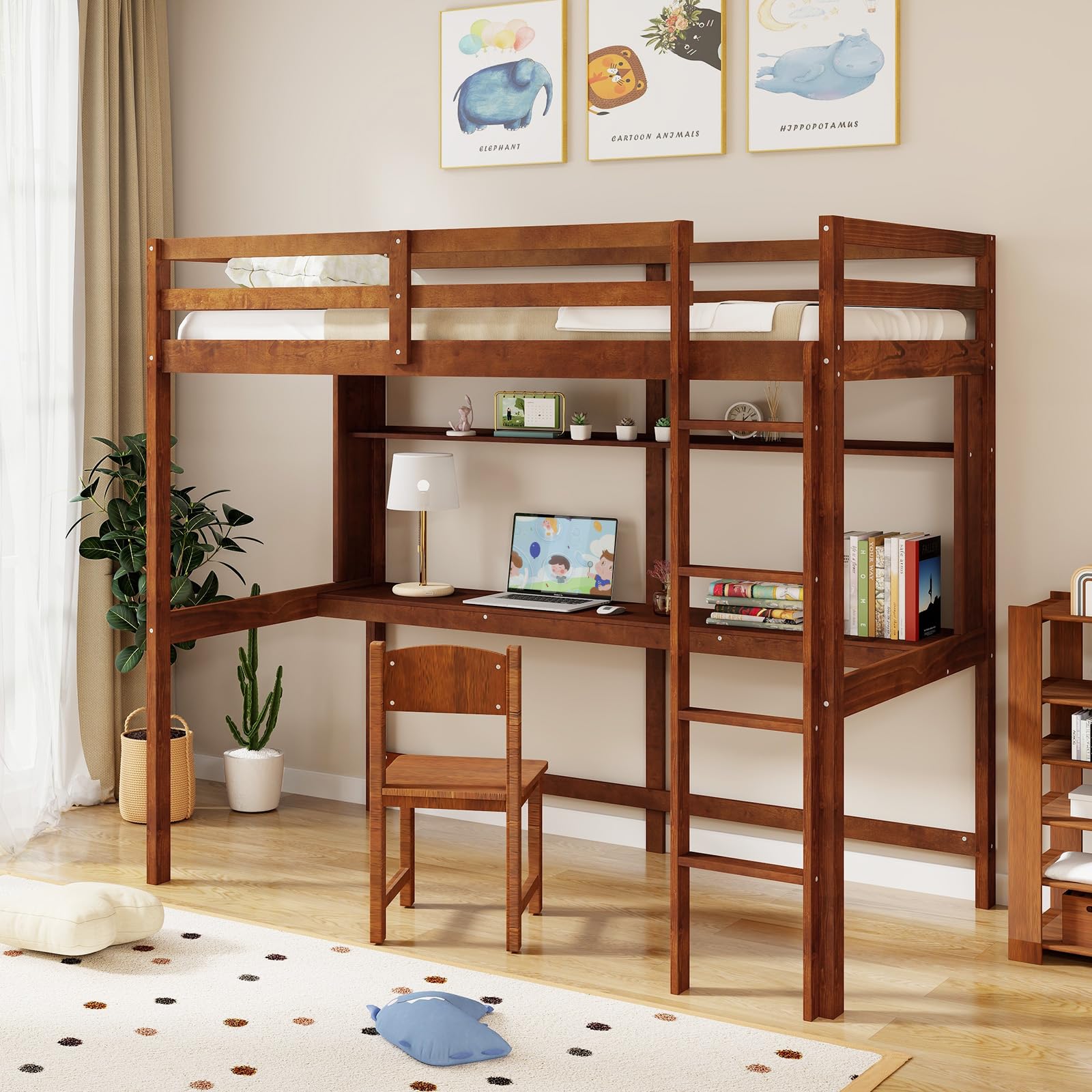 KOMFOTT Twin Size Loft Bed with Desk, Bookshelf, Full Length Safety Guardrail & Ladder
