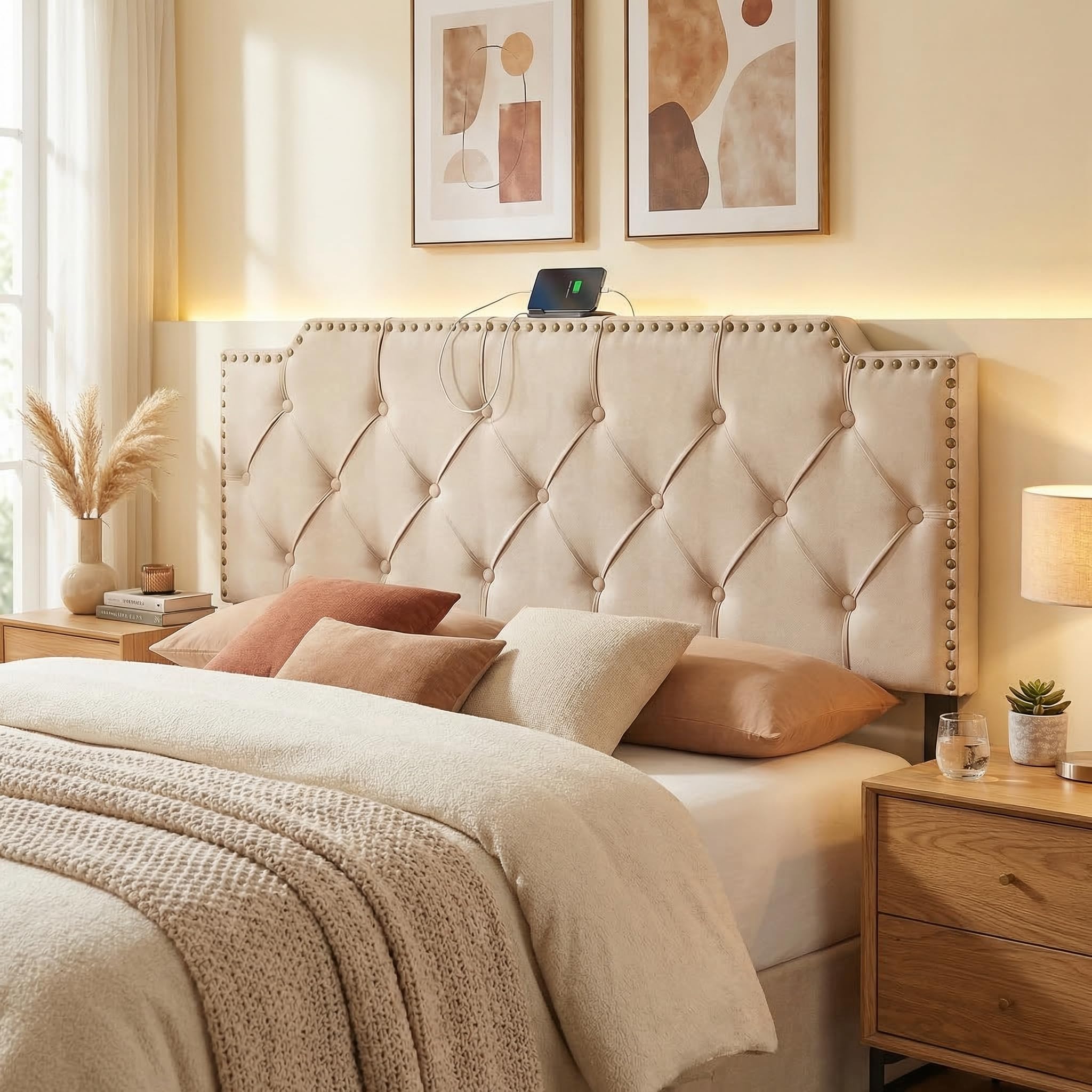 KOMFOTT Riveted Upholstered Headboard with Charging Station for Full & Queen Size Bed Frame