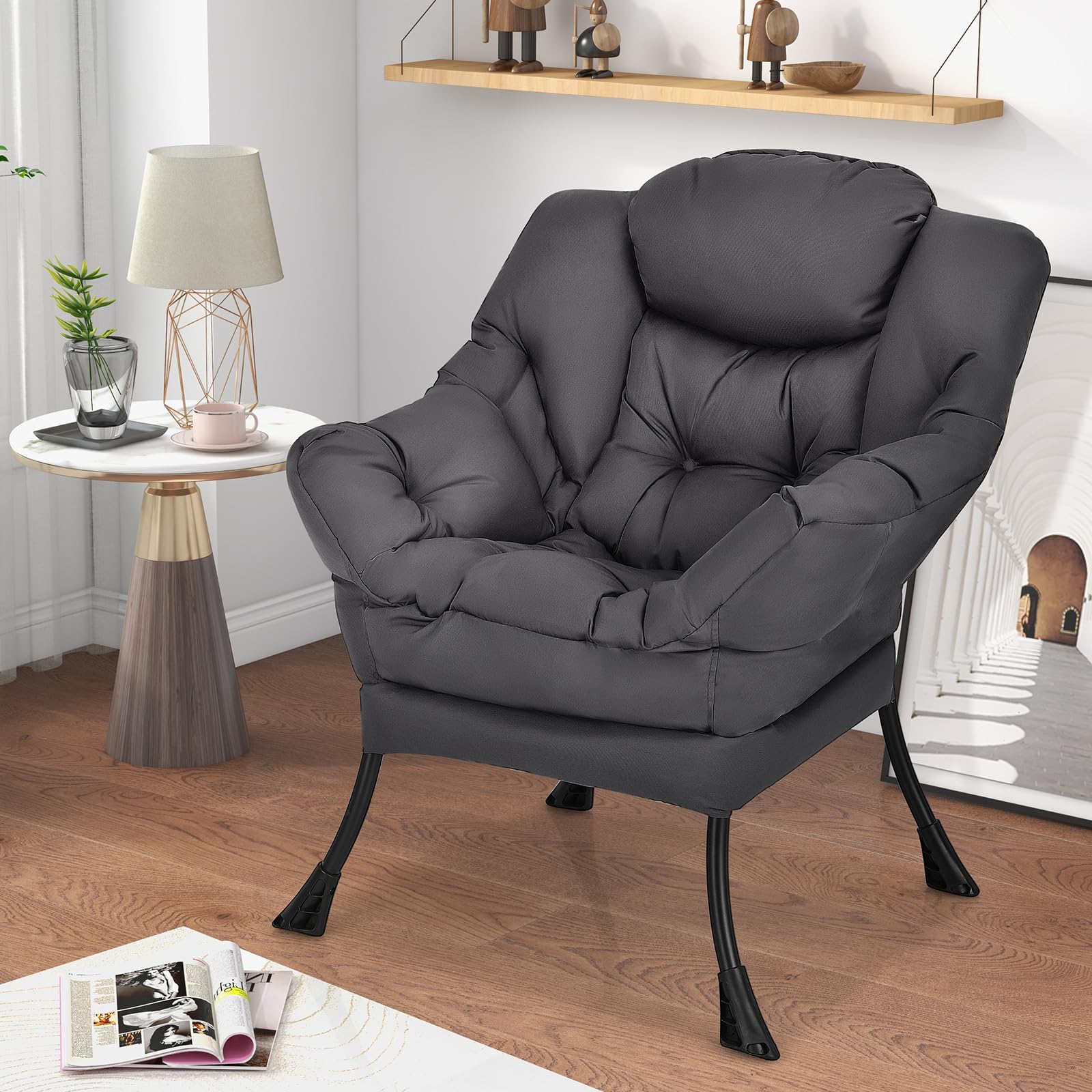 KOMFOTT Modern Lazy Chair, Upholstered Single Sofa Chair w/Armrests & Side Pocket