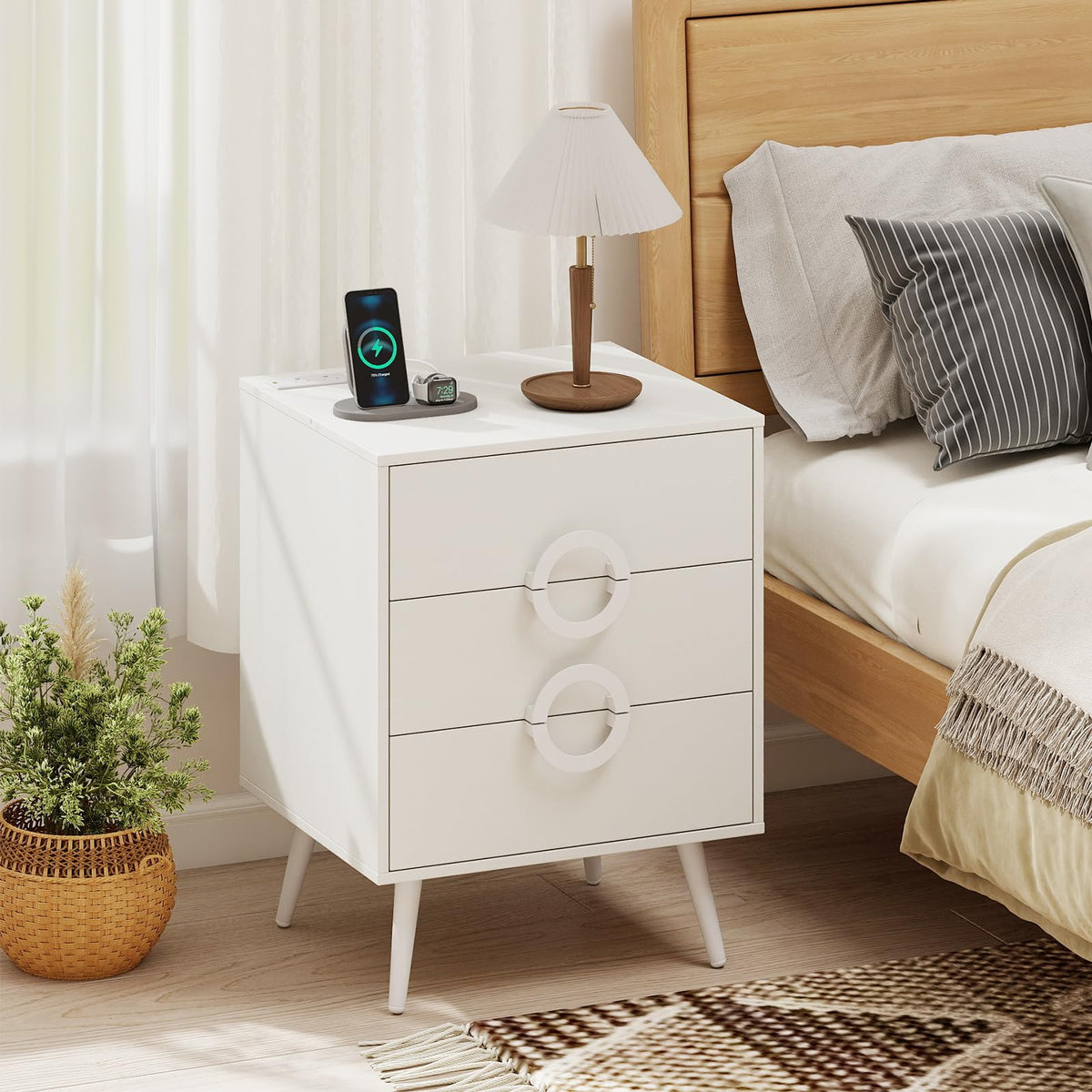 KOMFOTT Nightstand with 3 Drawers Bedside Table w/ Charging Station(18" x 16" x 23.5")