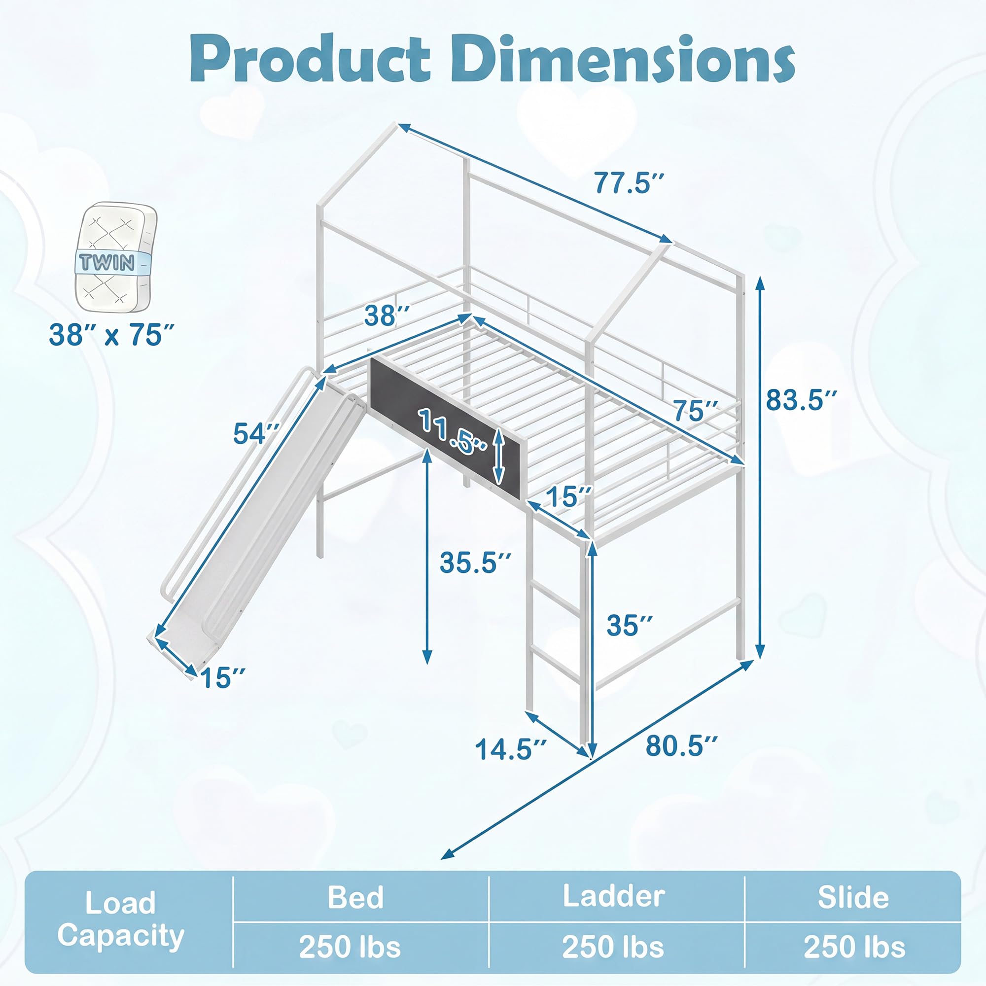 KOMFOTT Twin House Loft Bed for Kids House-Shaped Bed Frame Featuring Chalkboard